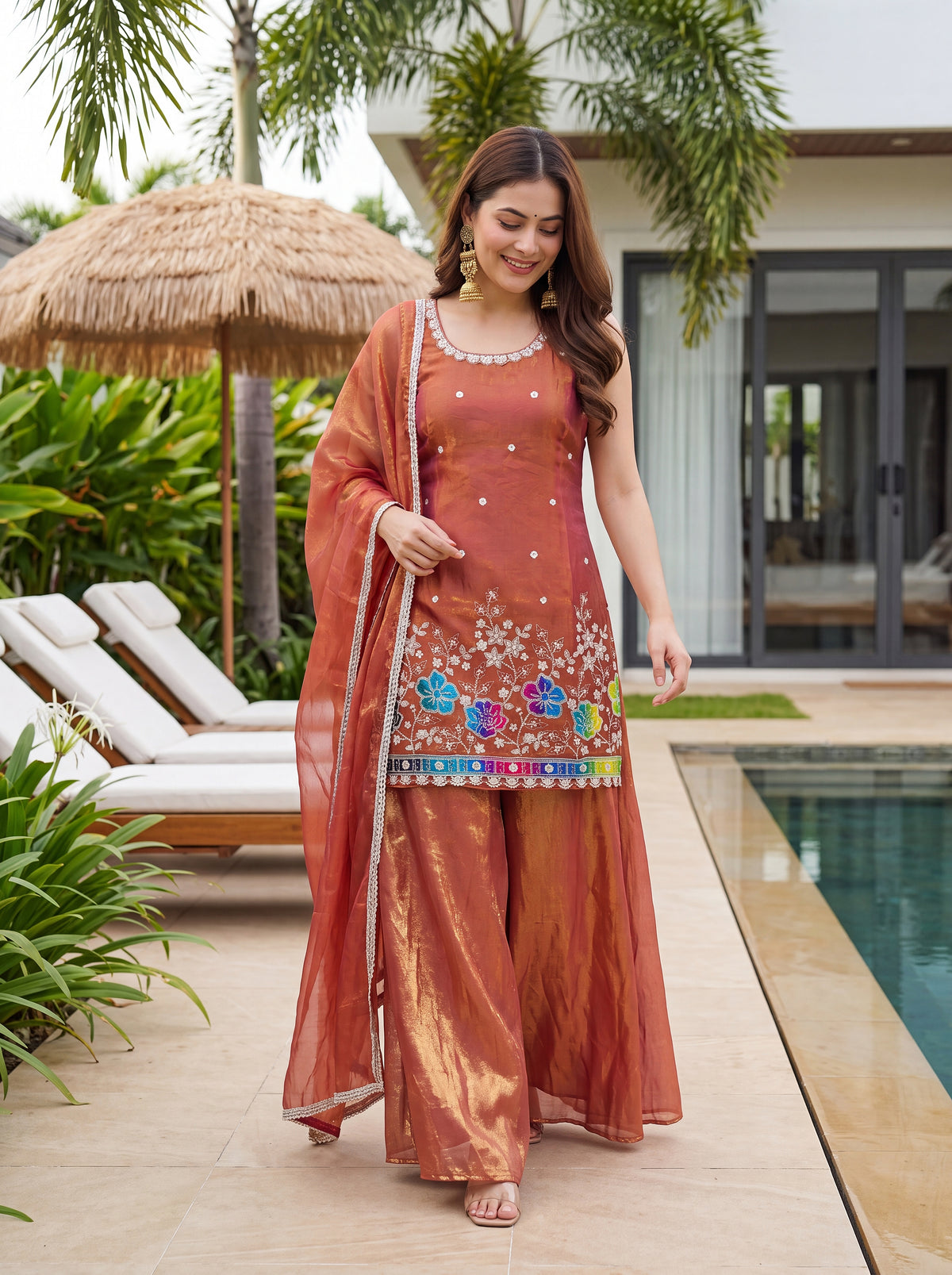Vespera Rust Orange Floral Embroidered Sleeveless Sharara Set