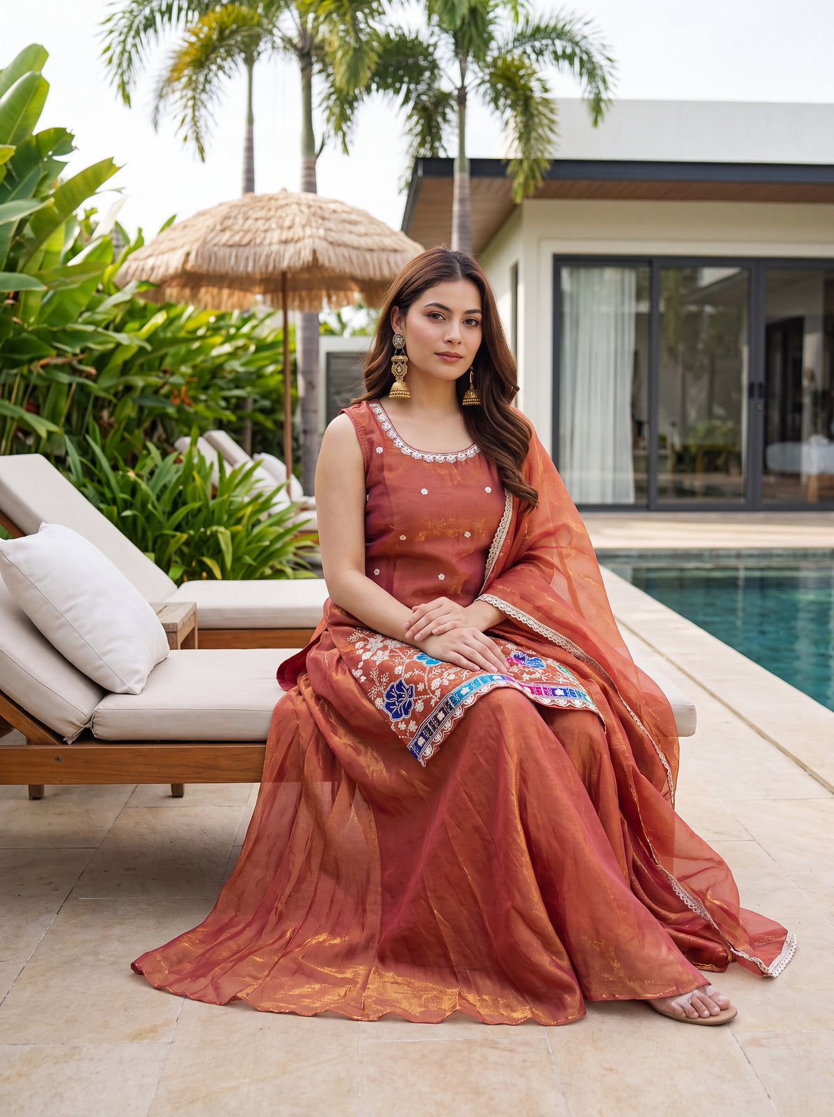 Vespera Rust Orange Floral Embroidered Sleeveless Sharara Set