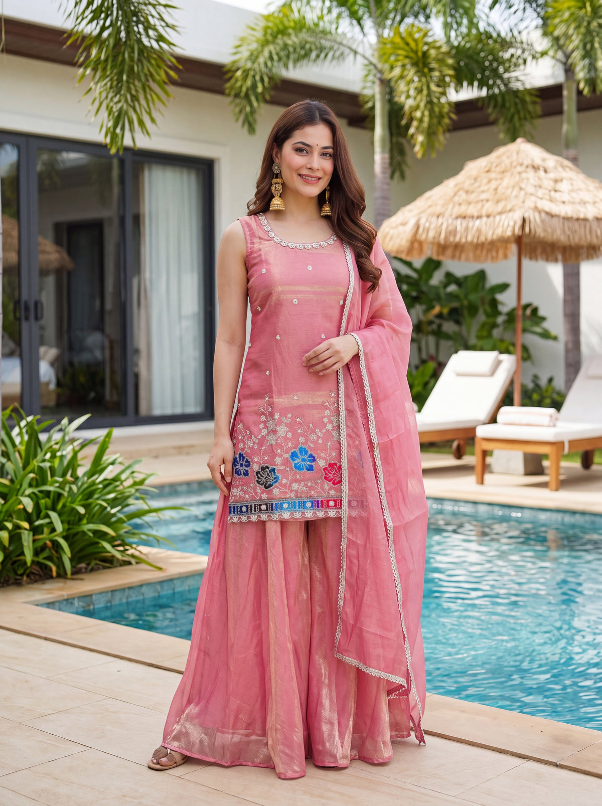 Vespera Pink Floral Embroidered Sleeveless Sharara Set