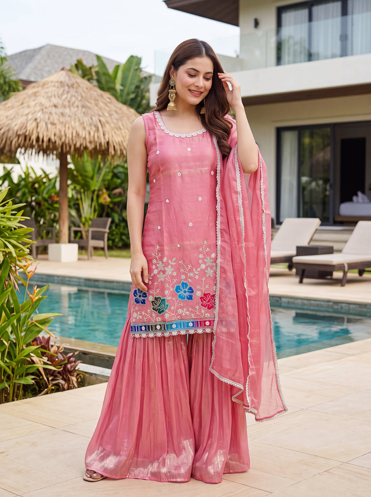 Vespera Pink Floral Embroidered Sleeveless Sharara Set