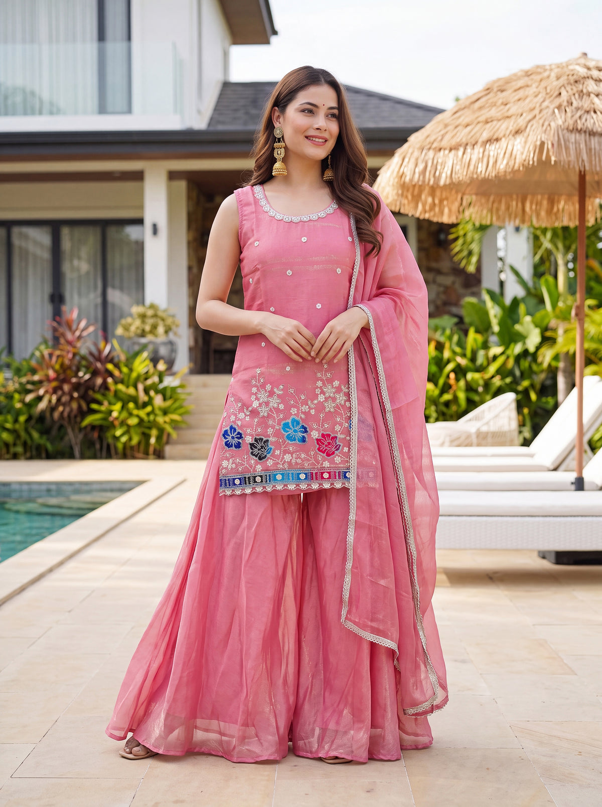 Vespera Pink Floral Embroidered Sleeveless Sharara Set