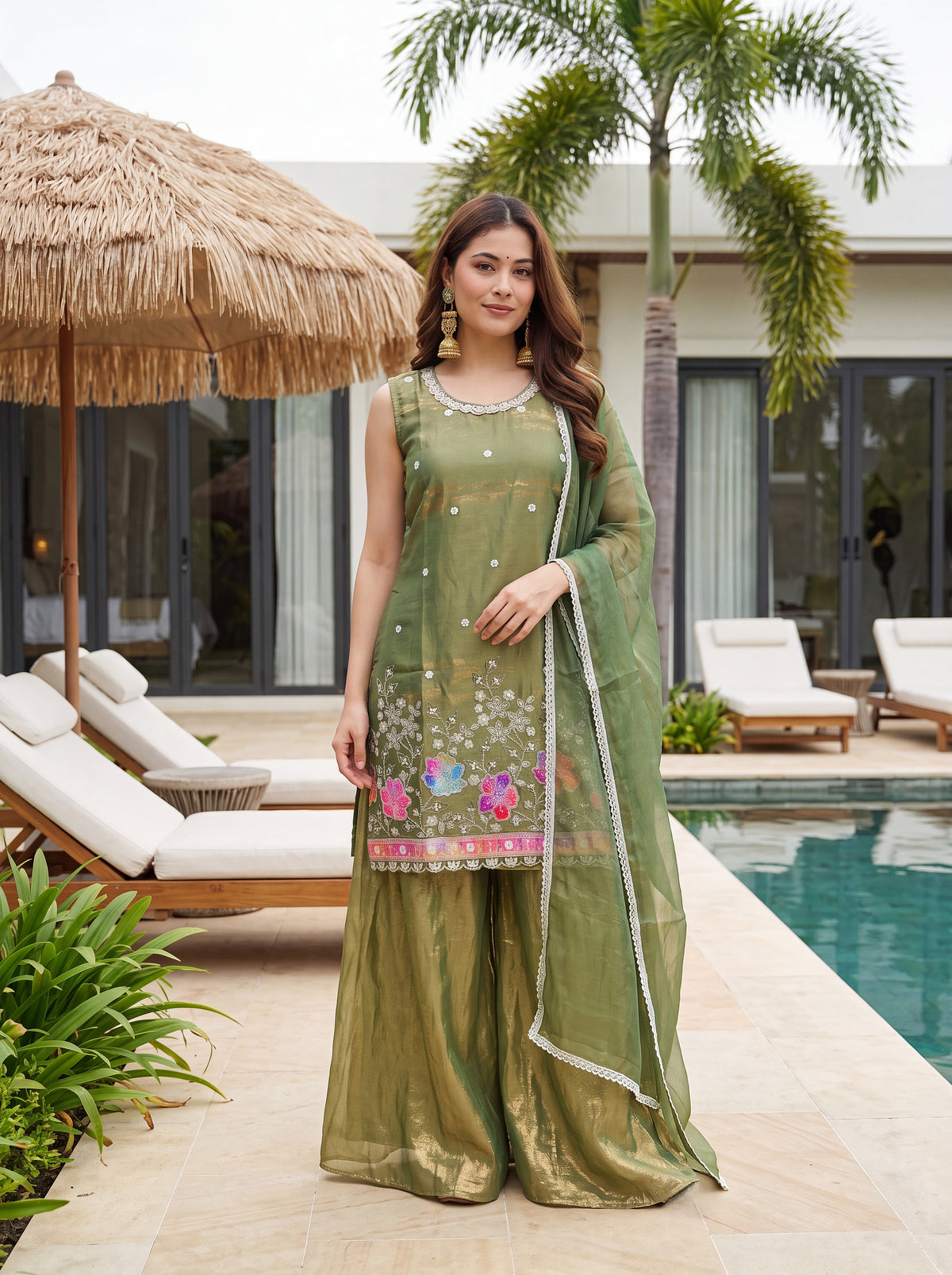 Vespera Mahendi Floral Embroidered Sleeveless Sharara Set