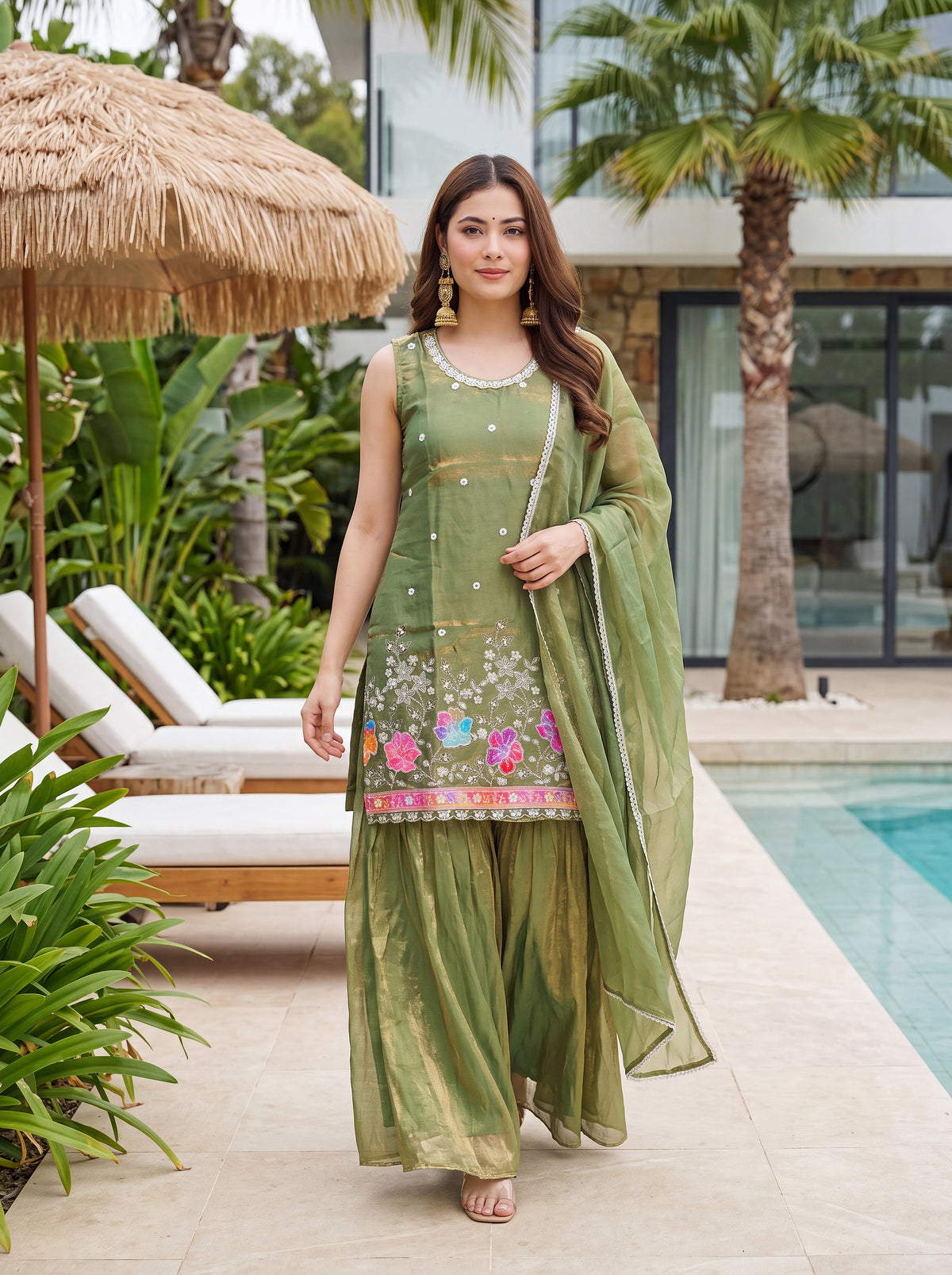 Vespera Mahendi Floral Embroidered Sleeveless Sharara Set
