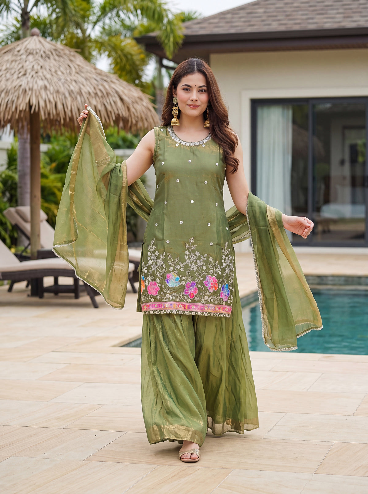 Vespera Mahendi Floral Embroidered Sleeveless Sharara Set