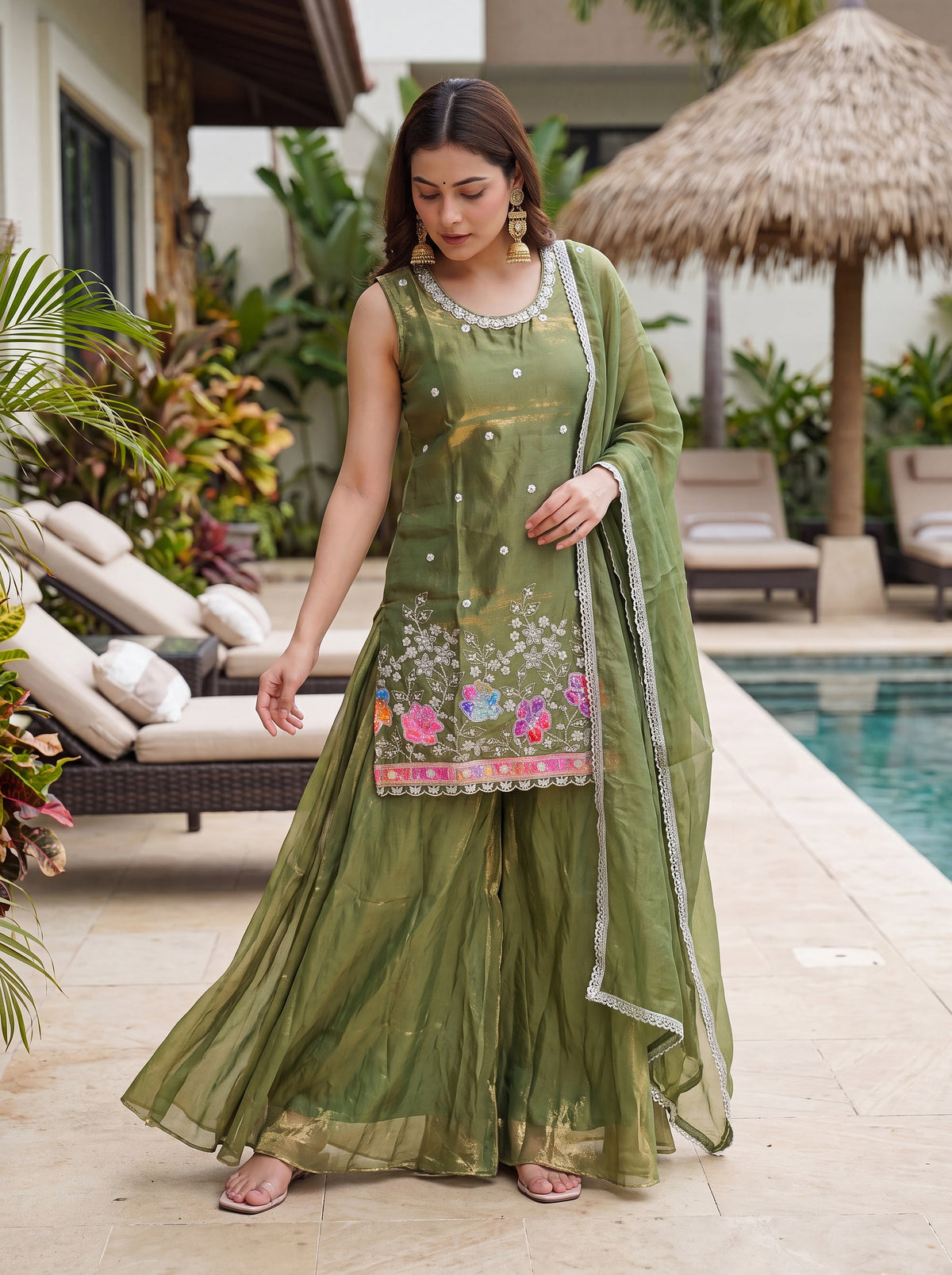 Vespera Mahendi Floral Embroidered Sleeveless Sharara Set