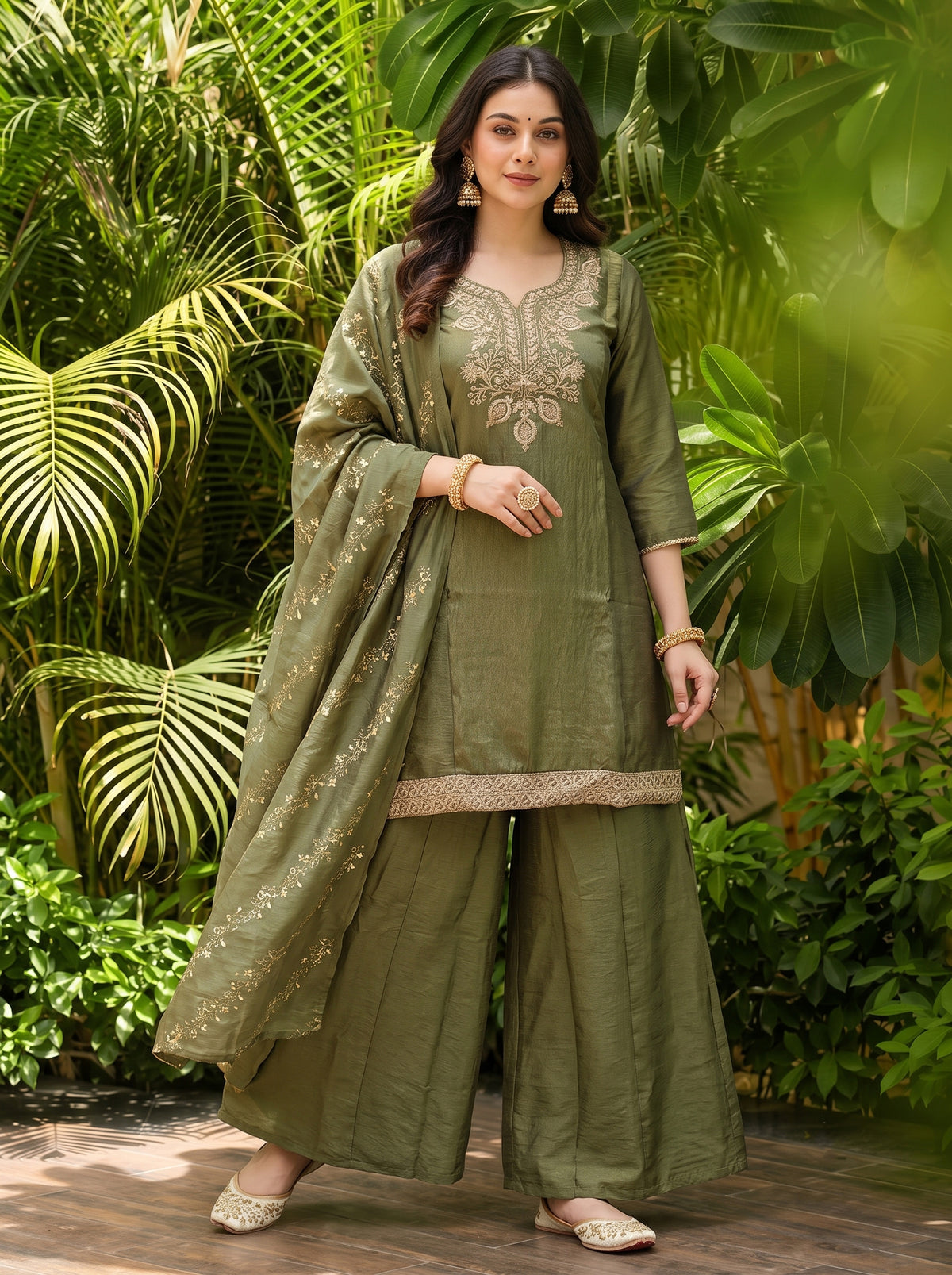 Olive Forest Gold Embroidered Suit Set
