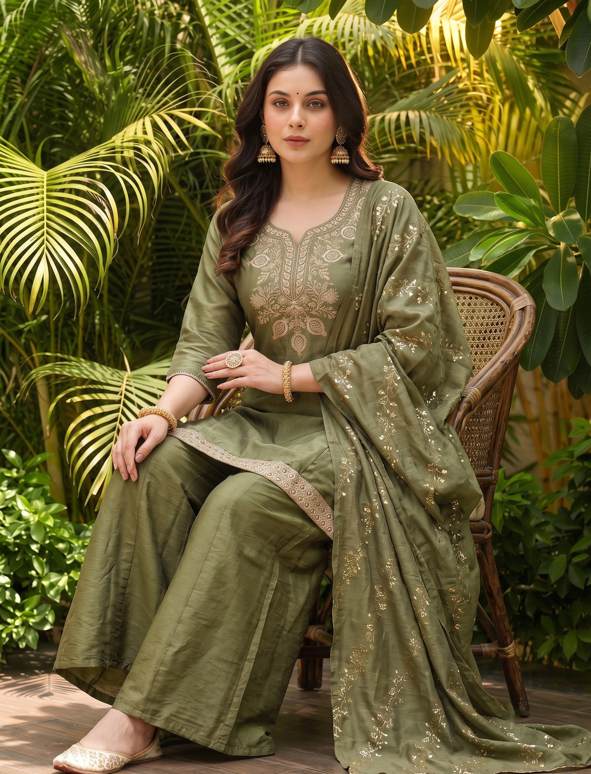Olive Forest Gold Embroidered Suit Set