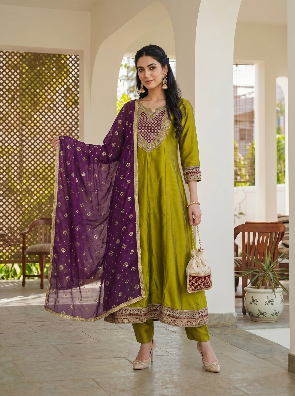 Meera Mustard Green Embroidered Suit Set