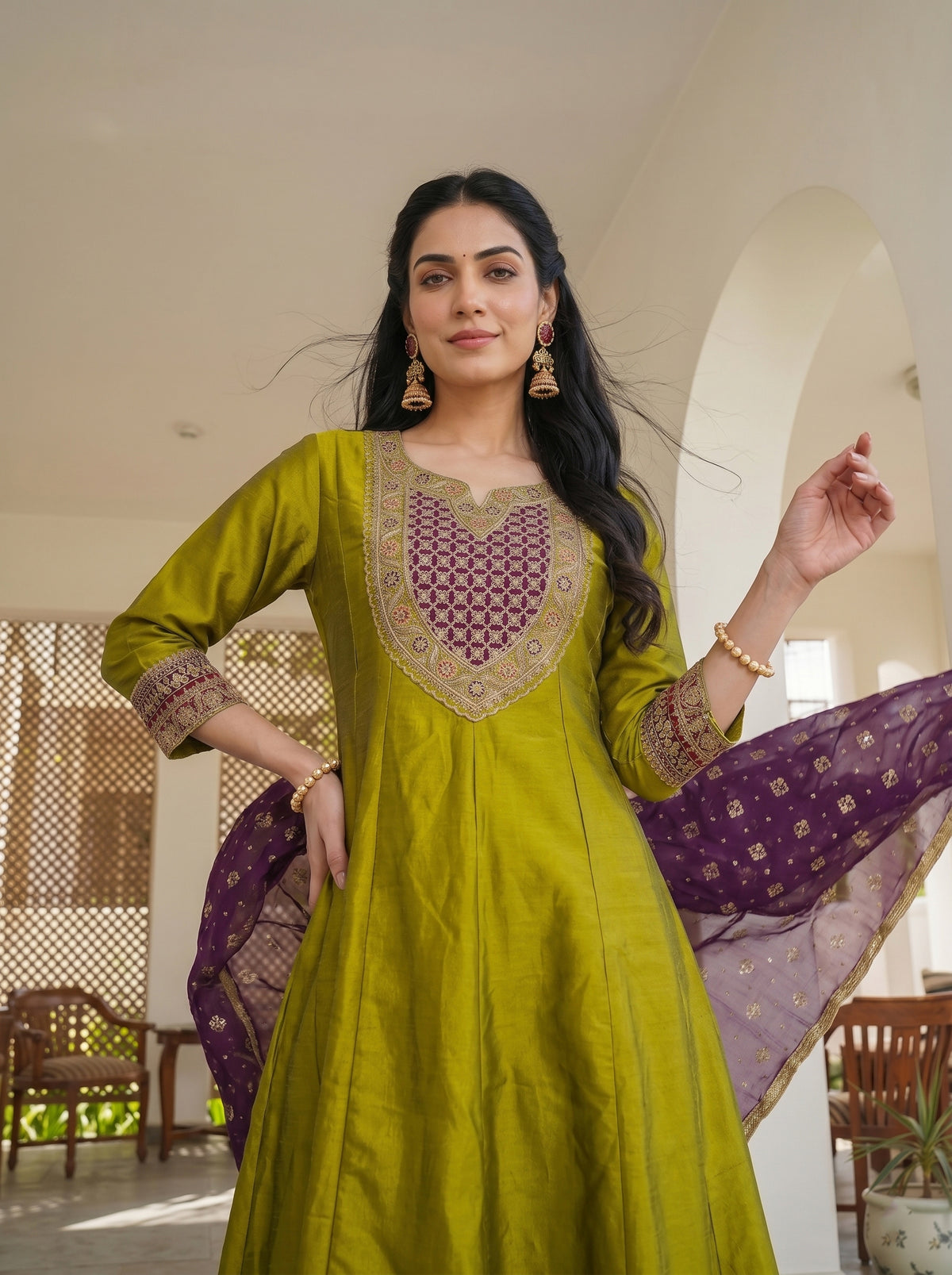 Meera Mustard Green Embroidered Suit Set