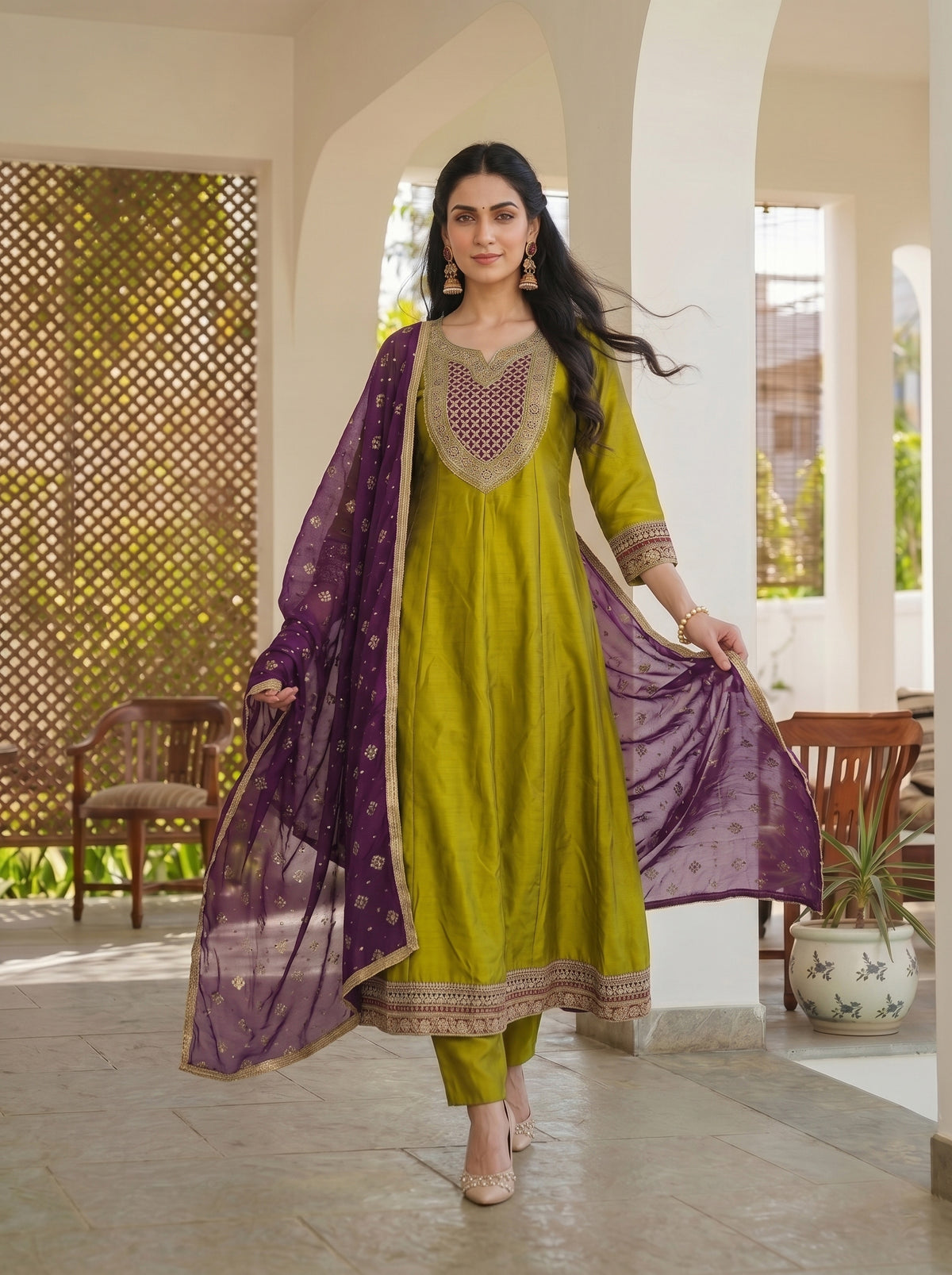 Meera Mustard Green Embroidered Suit Set