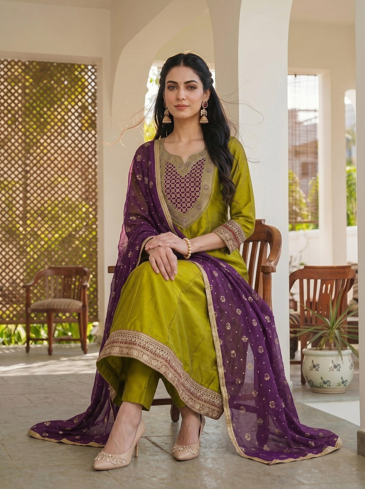 Meera Mustard Green Embroidered Suit Set