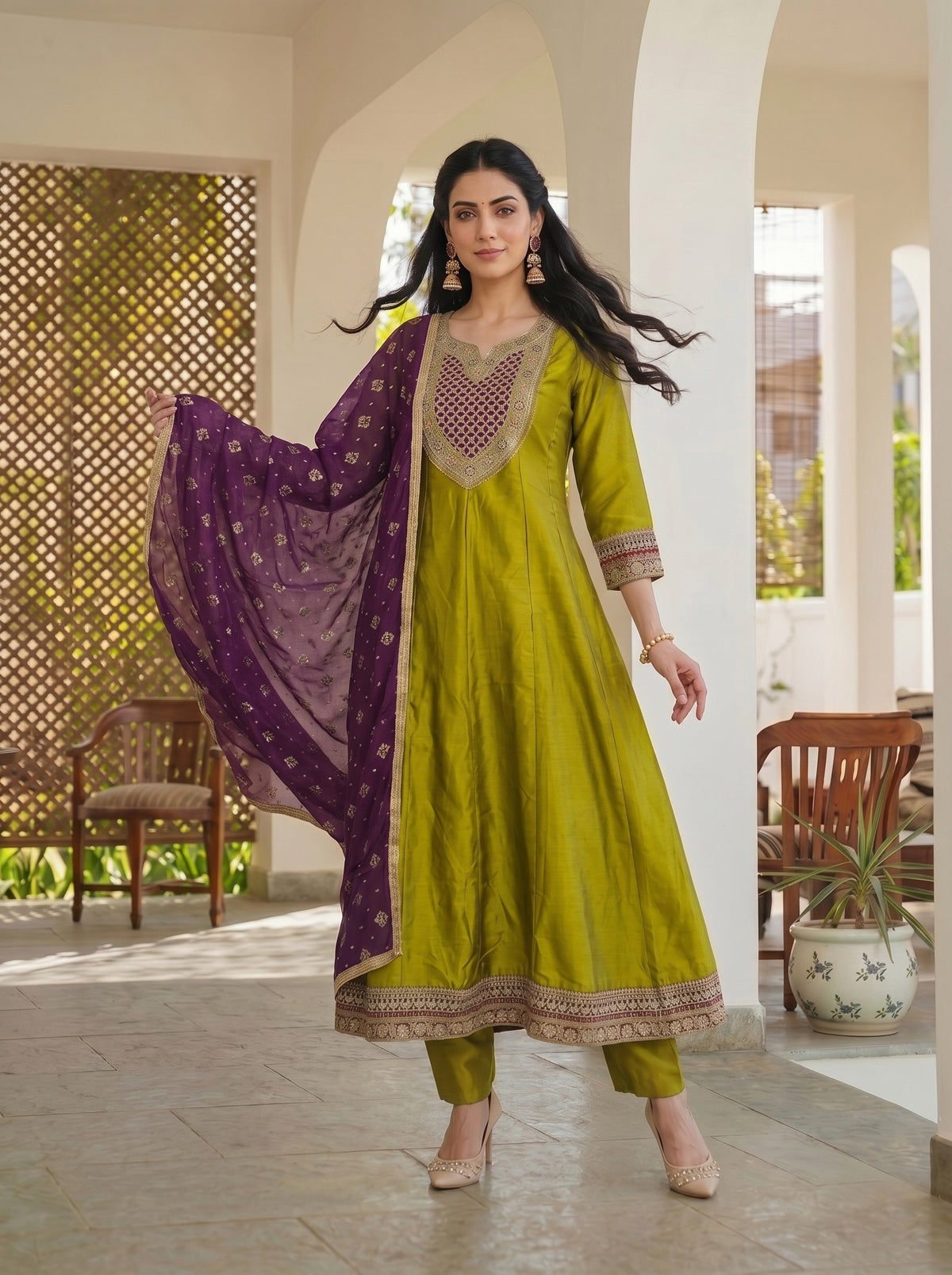 Meera Mustard Green Embroidered Suit Set