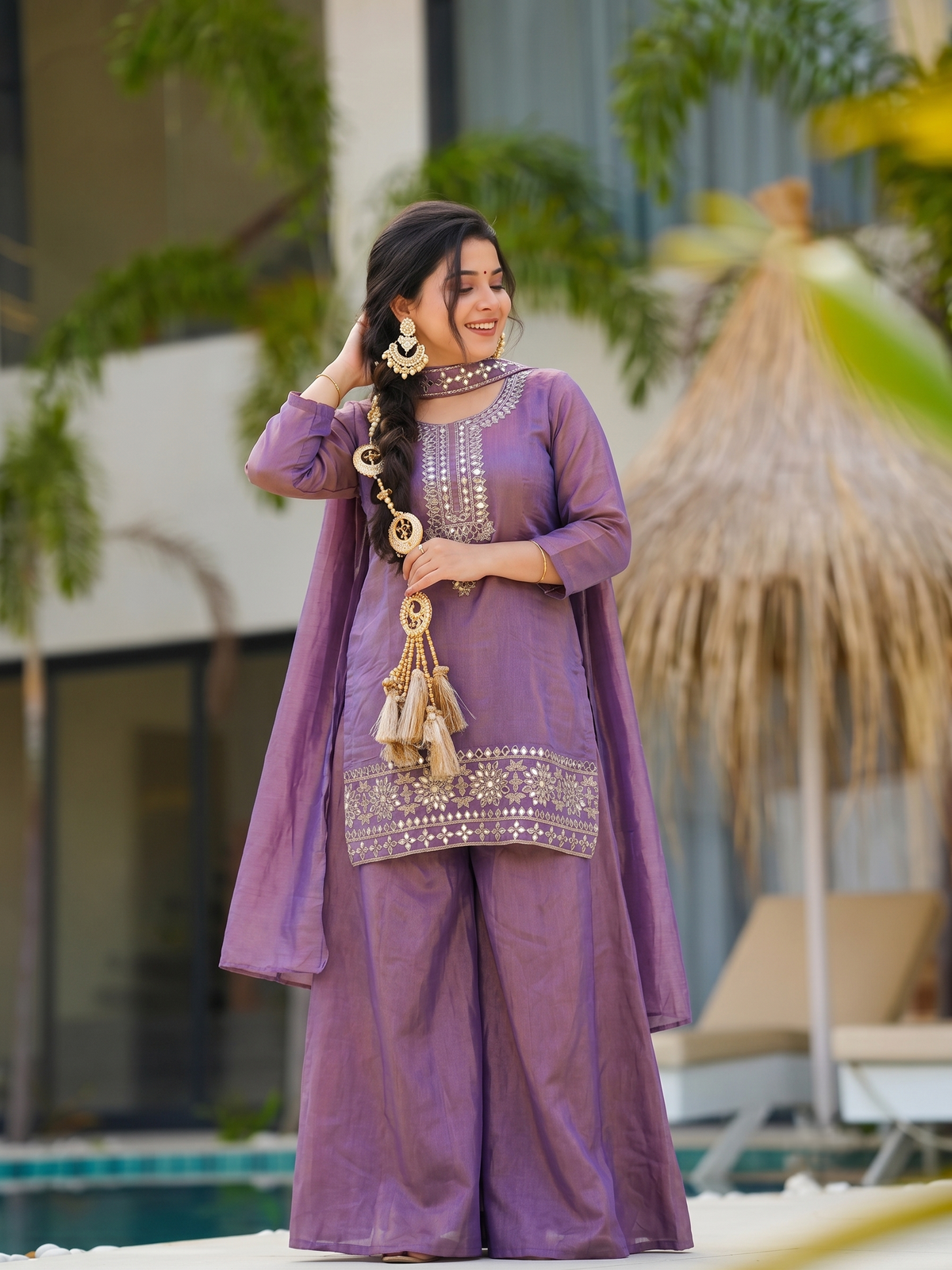 Tara Lavender Mirror Work Sharara Set