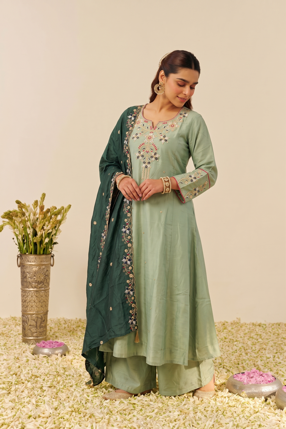Lavanya Soft Parrot Thread Embroidered Anarkali Suit Set