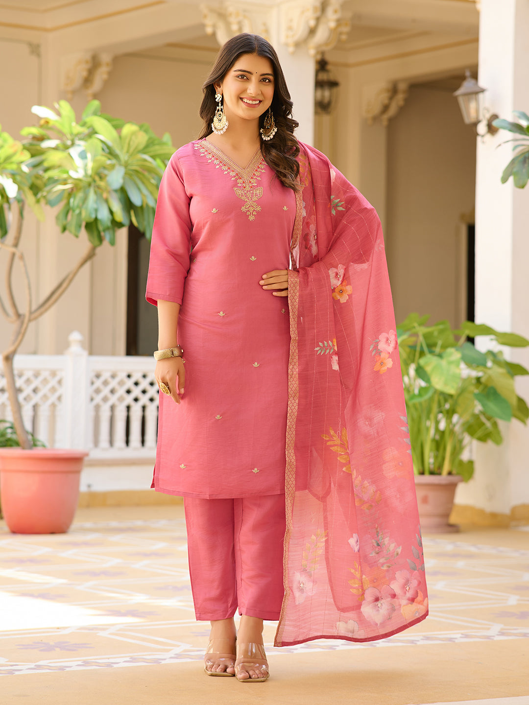 Unique Pastal Pink Viscose Chanderi Silk Embroidary Suit Set