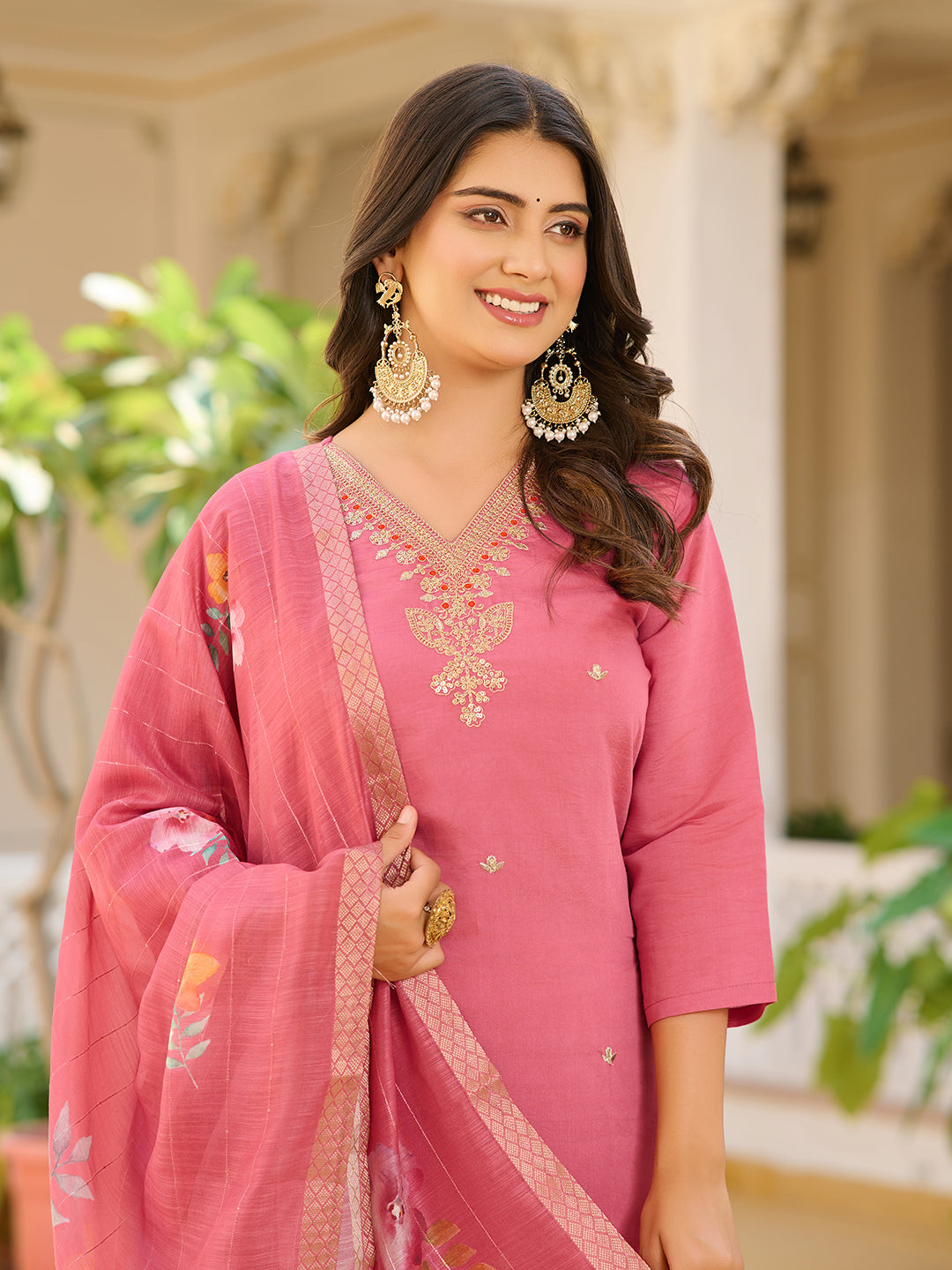 Unique Pastal Pink Viscose Chanderi Silk Embroidary Suit Set