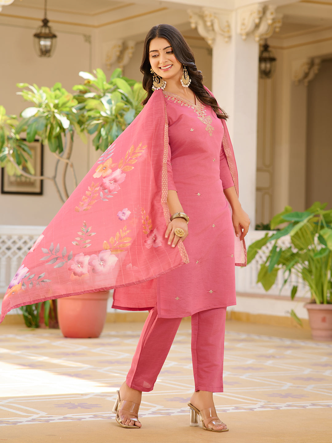 Unique Pastal Pink Viscose Chanderi Silk Embroidary Suit Set