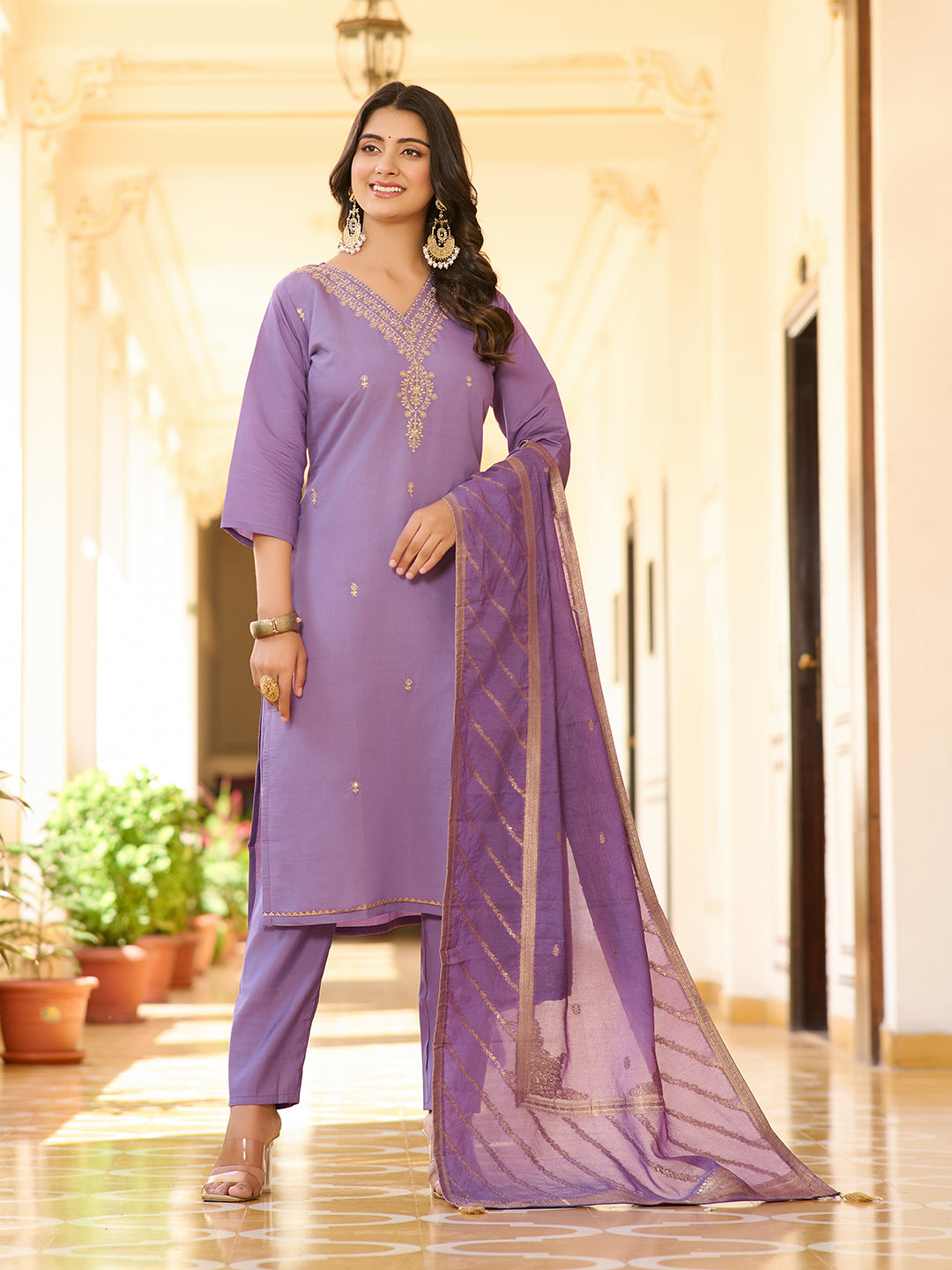 Lassitude lavender Color New Embroidary Viscose Suit Set