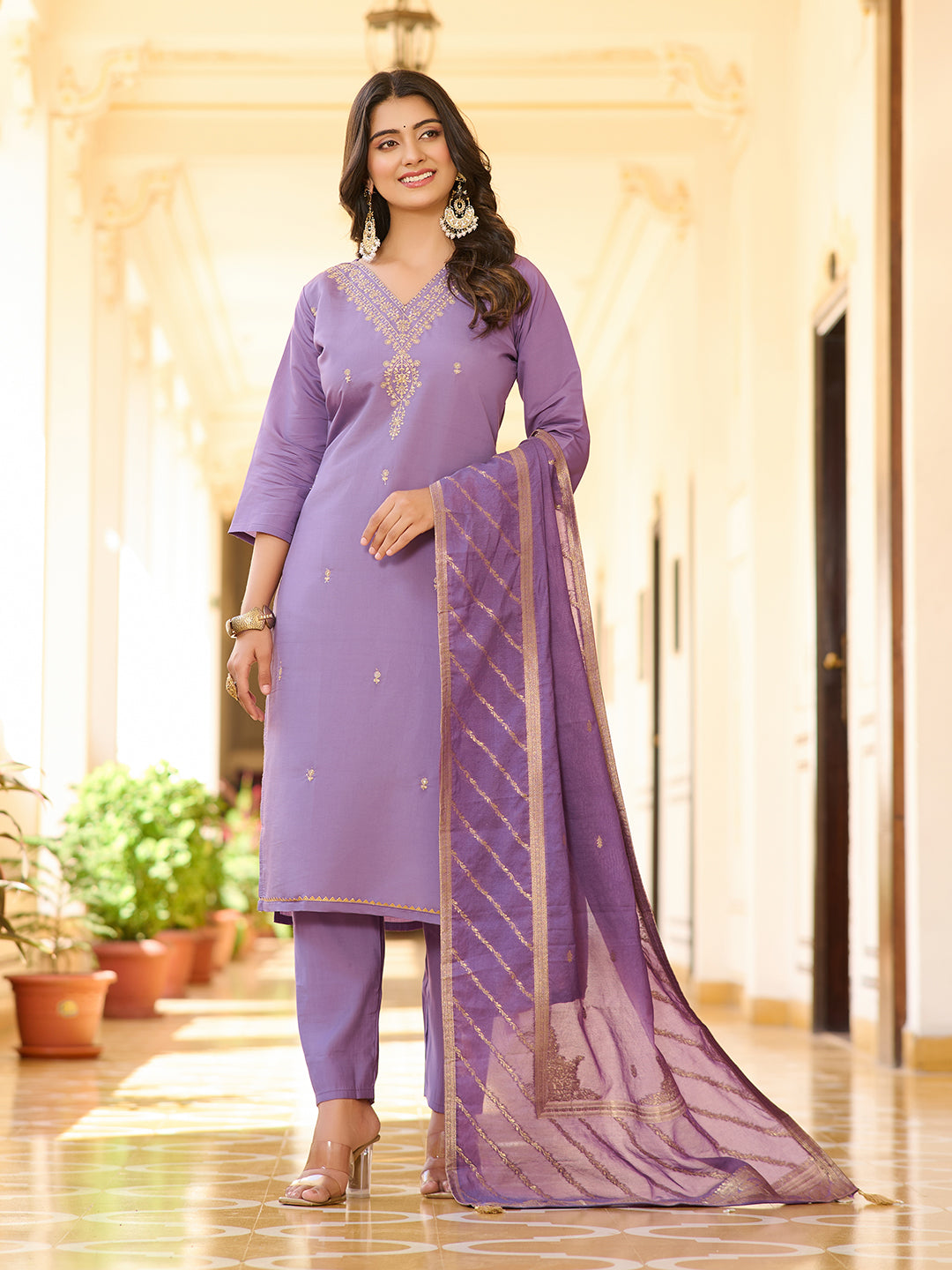 Lassitude lavender Color New Embroidary Viscose Suit Set