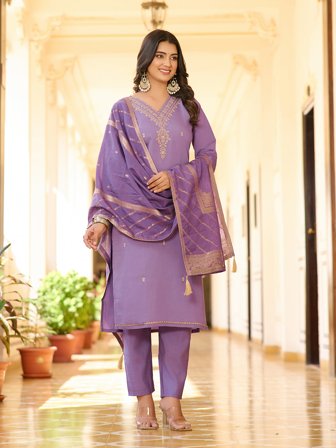 Lassitude lavender Color New Embroidary Viscose Suit Set