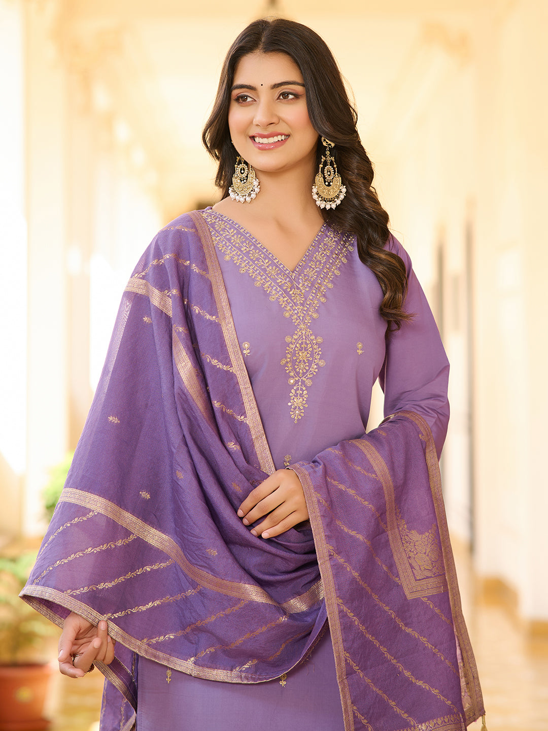 Lassitude lavender Color New Embroidary Viscose Suit Set