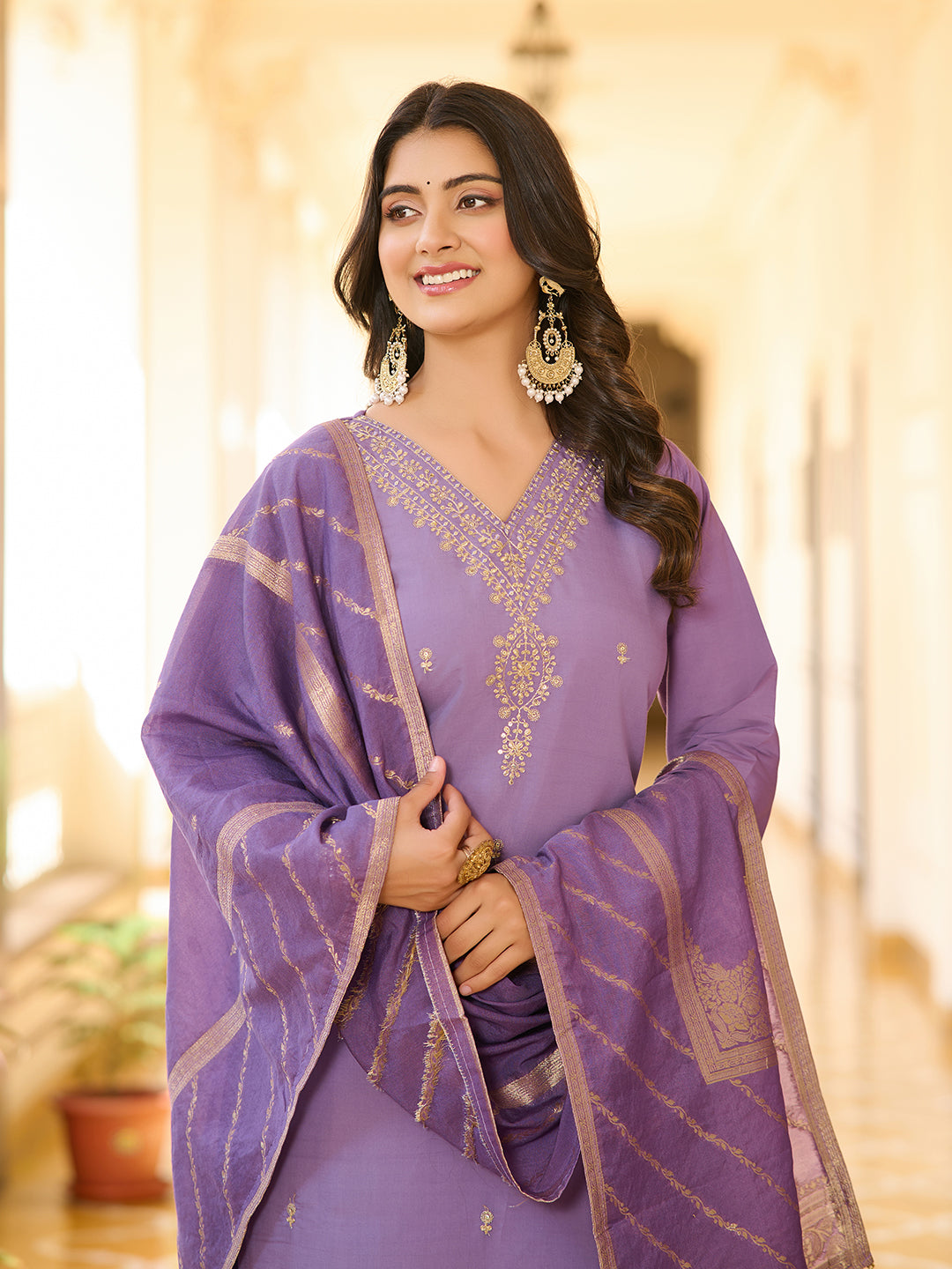 Lassitude lavender Color New Embroidary Viscose Suit Set