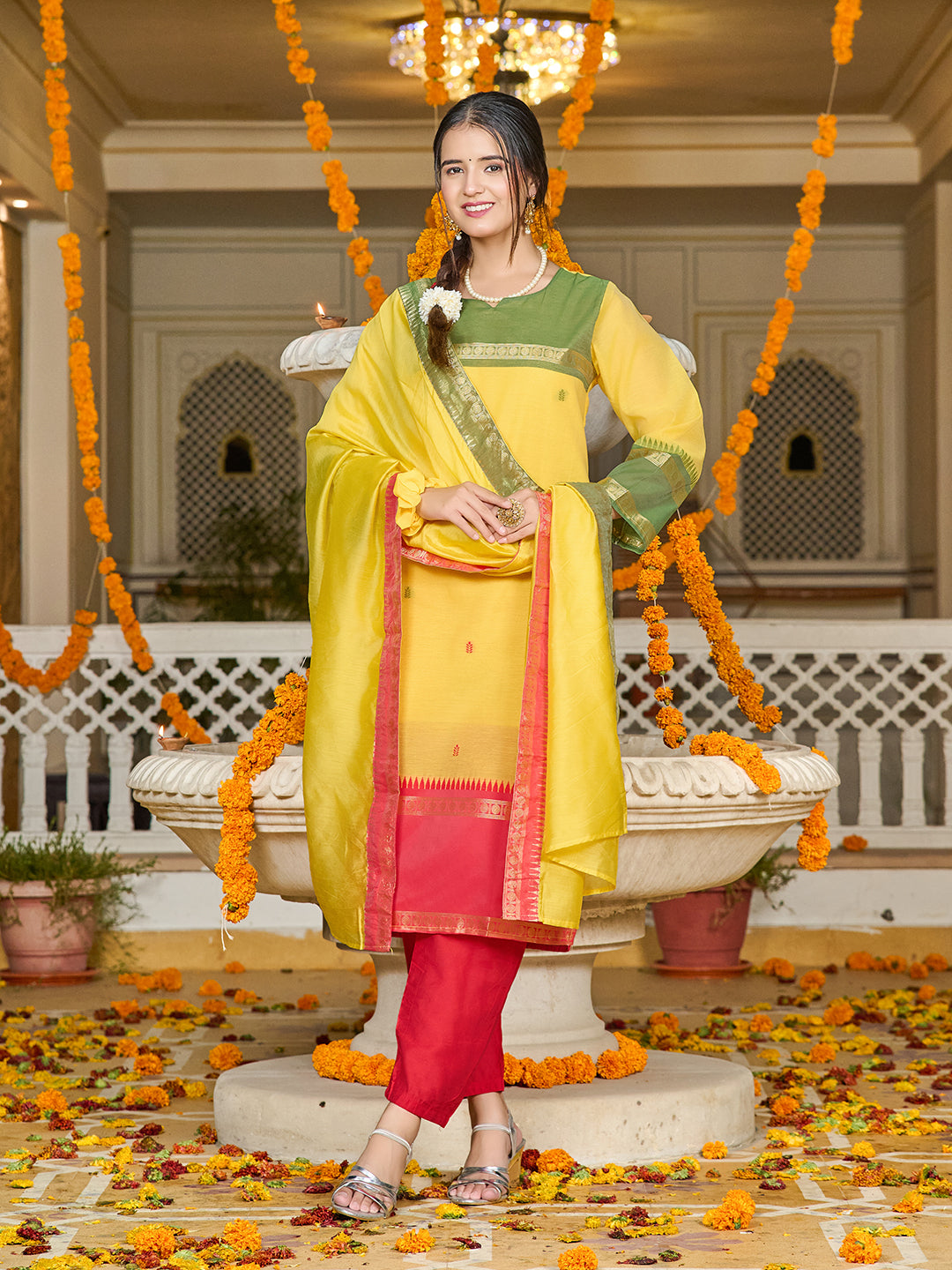 Elegant Kanchi Cotton Suit Set With Jaquard Dupatta