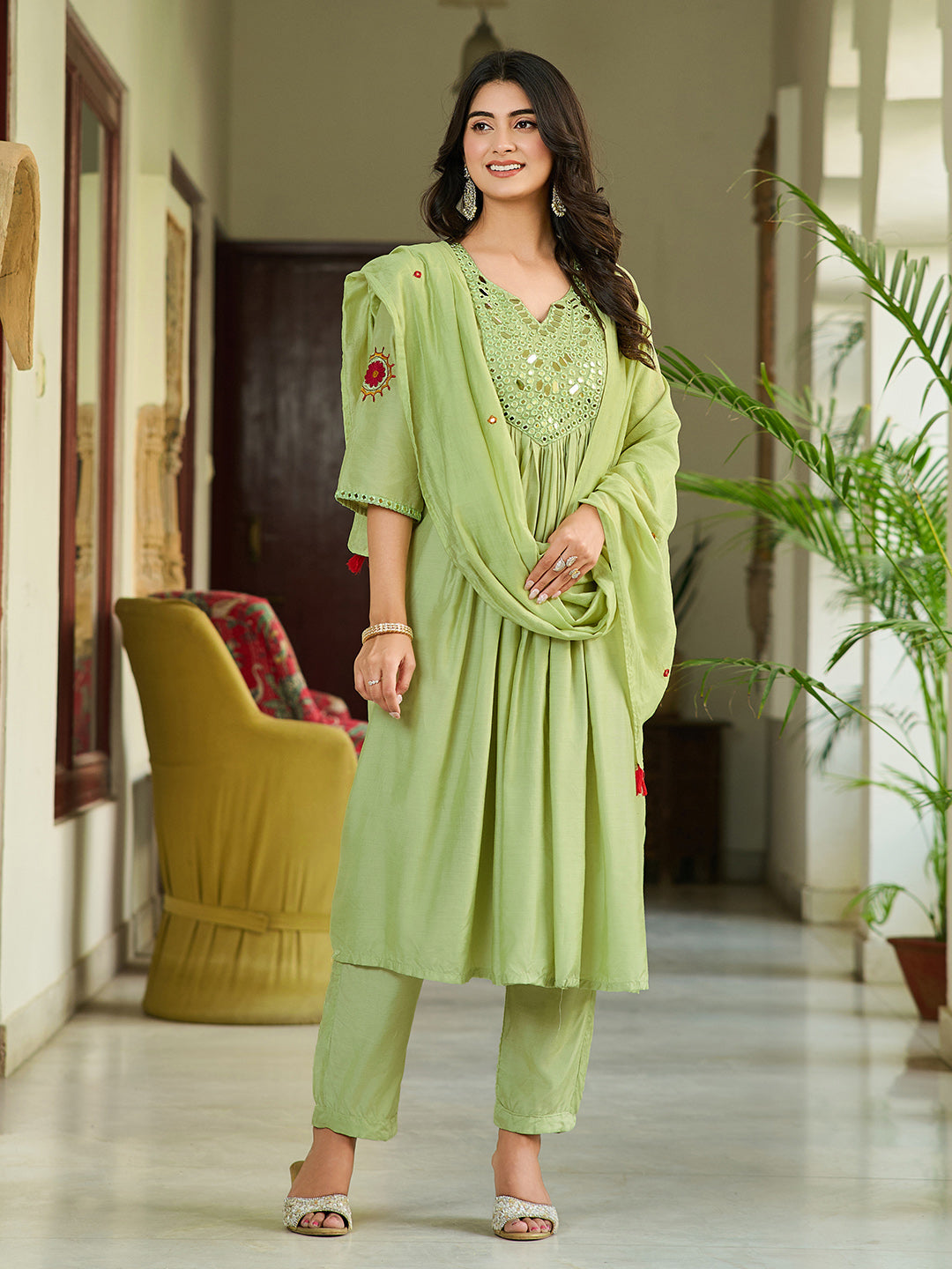 Stunning Mul Chanderi Silk Suit Set With Real Mirror Style