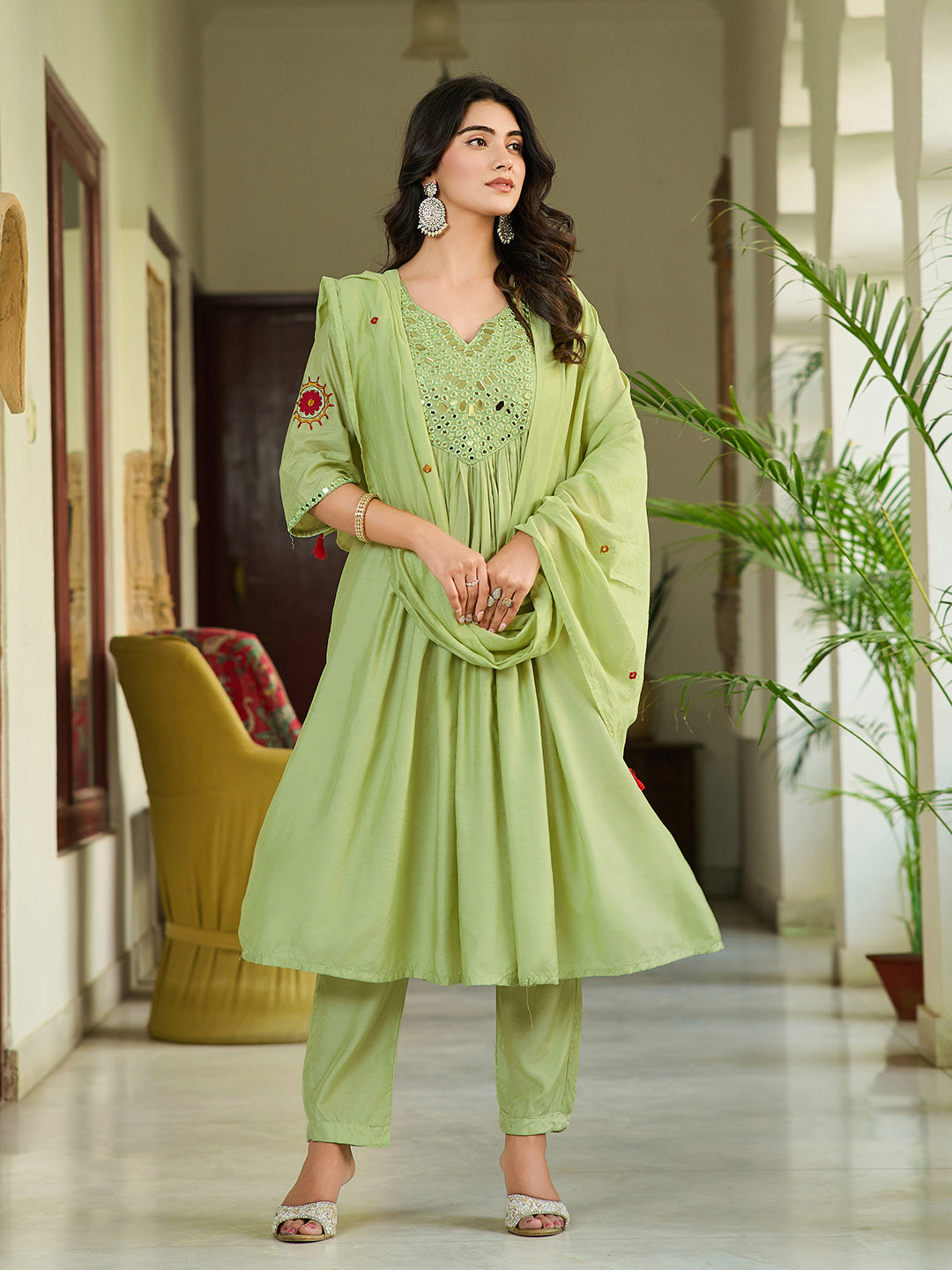 Stunning Mul Chanderi Silk Suit Set With Real Mirror Style