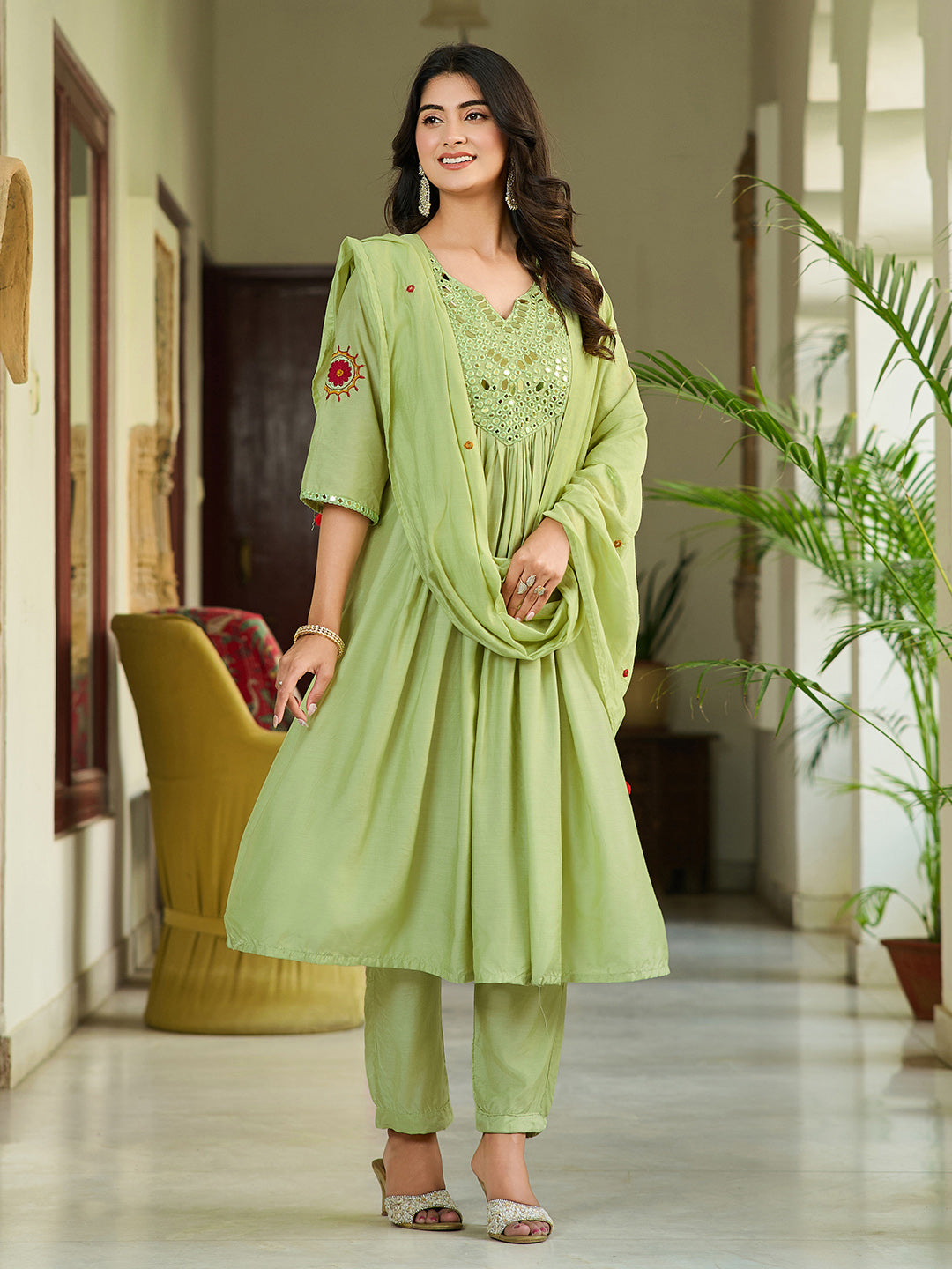 Stunning Mul Chanderi Silk Suit Set With Real Mirror Style