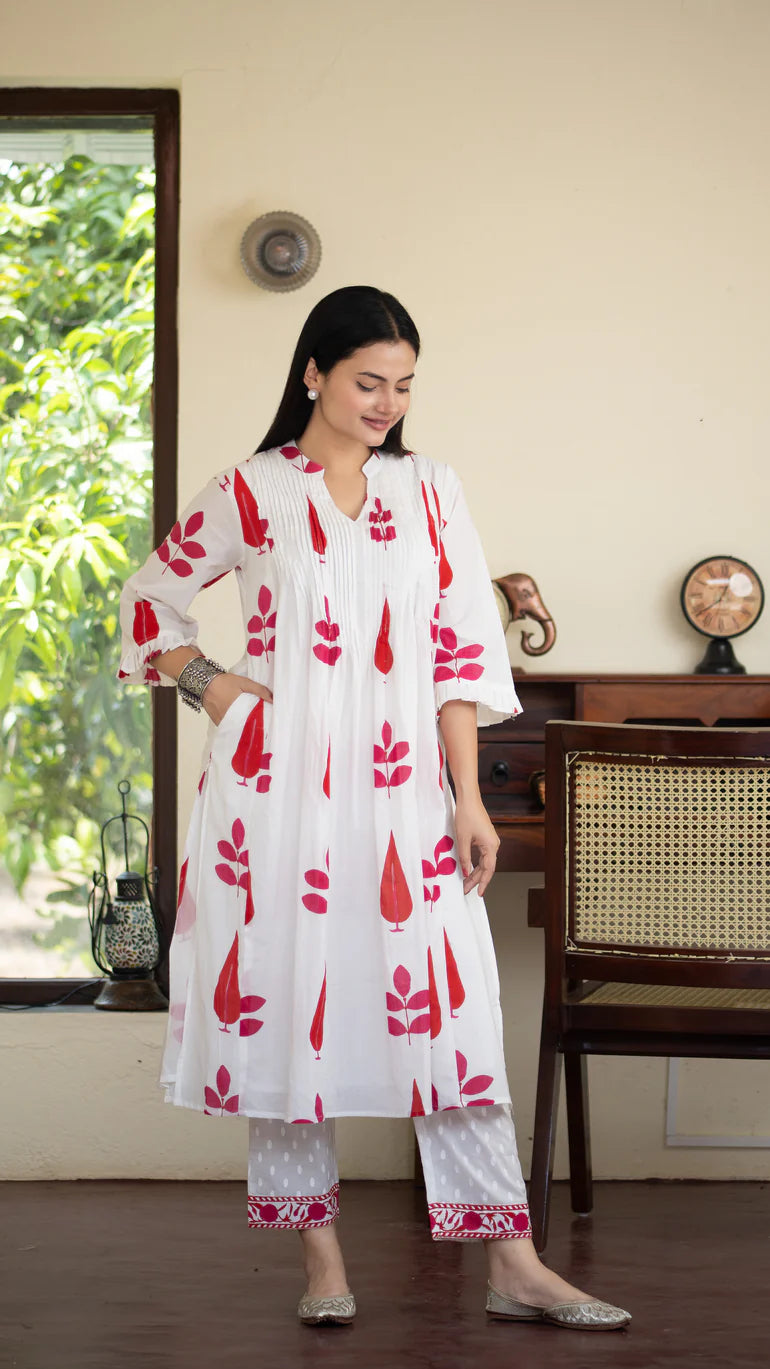 Classic Handblock Printed Pure Mul Cotton Kurta Set
