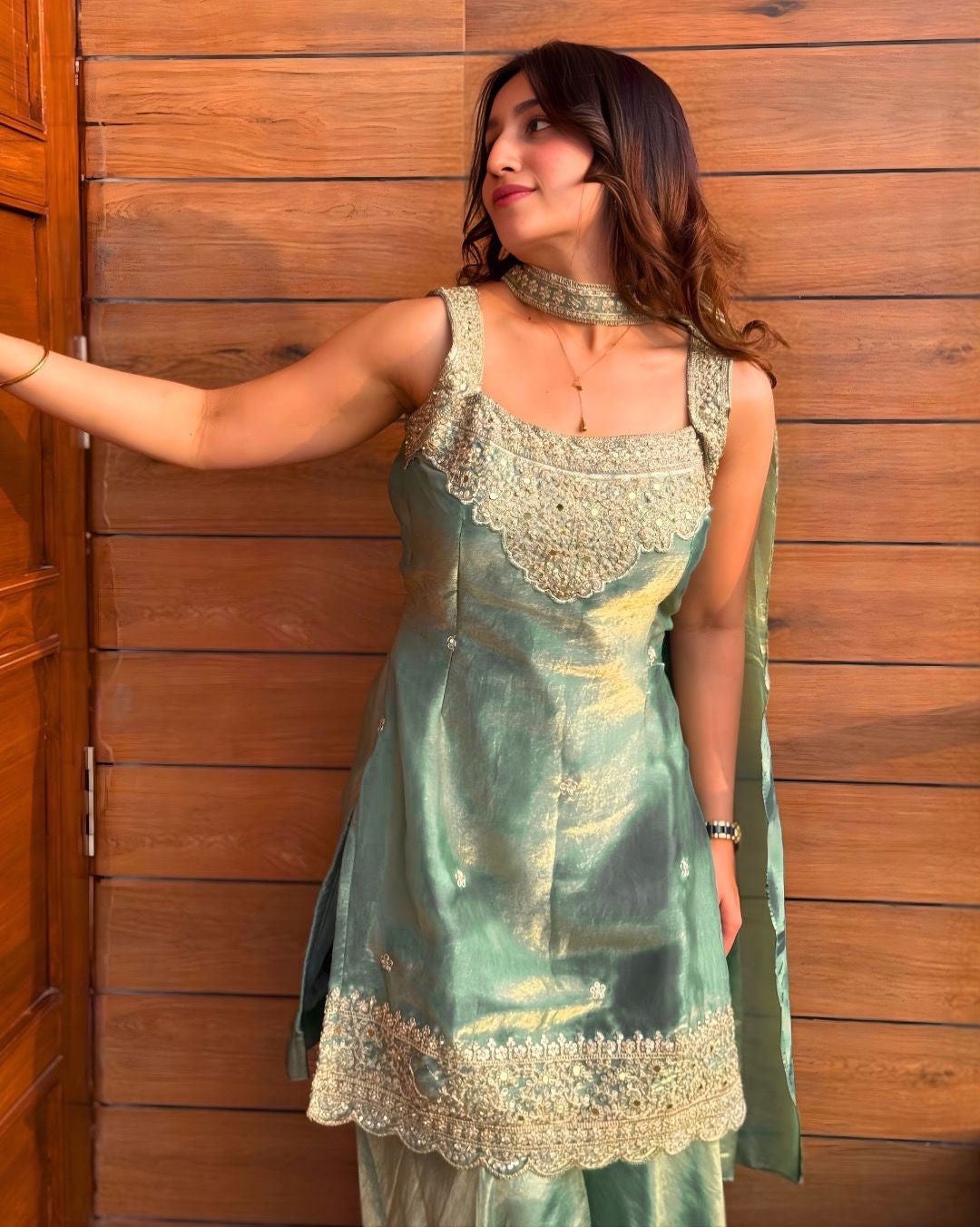 Sea Green Heavy Embroidered Sleeveless Sharara Set