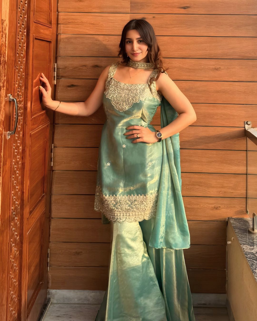 Sea Green Heavy Embroidered Sleeveless Sharara Set