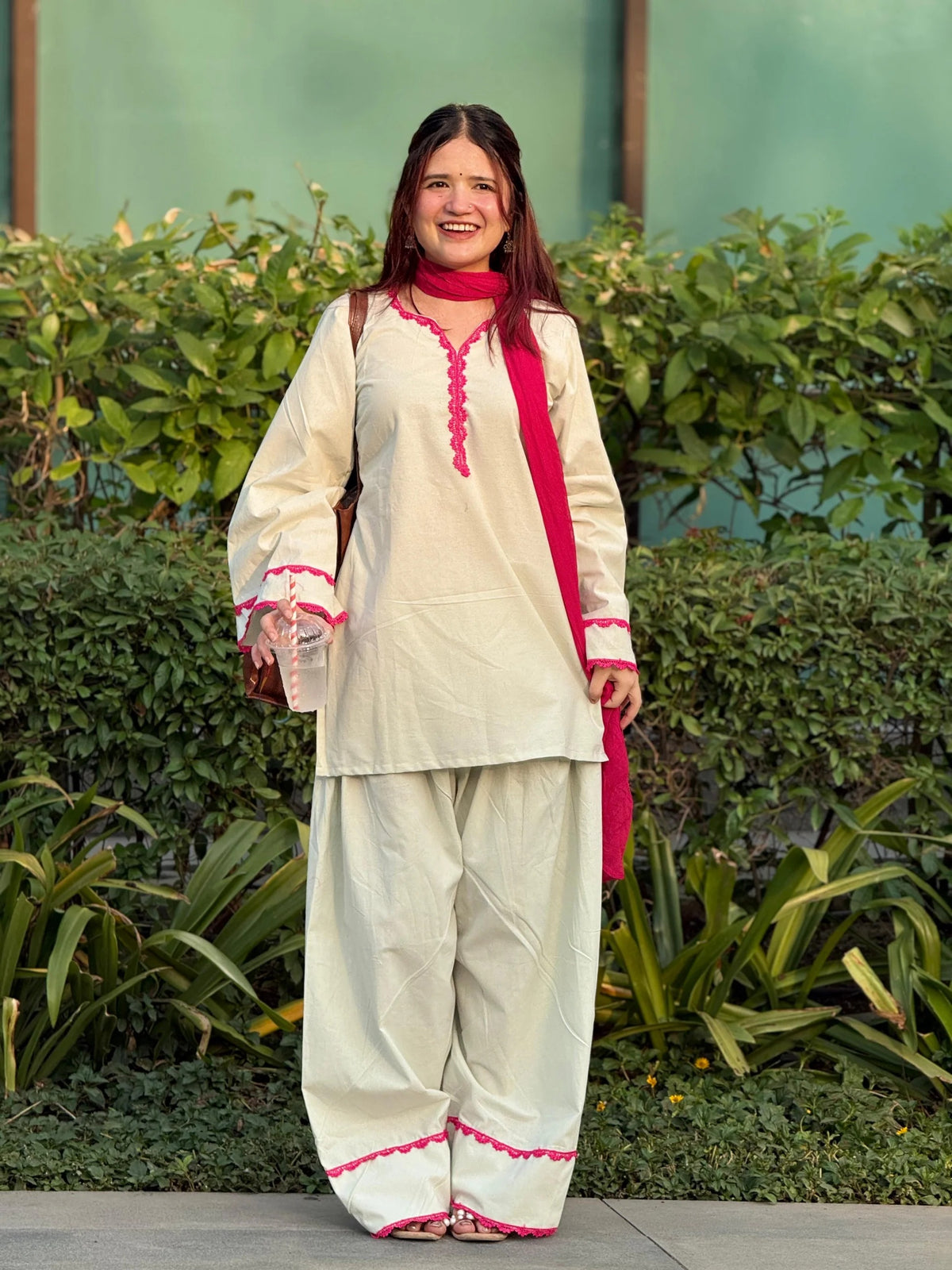 Noor Off White & Magenta Lace-Trimmed Salwar Suit Set