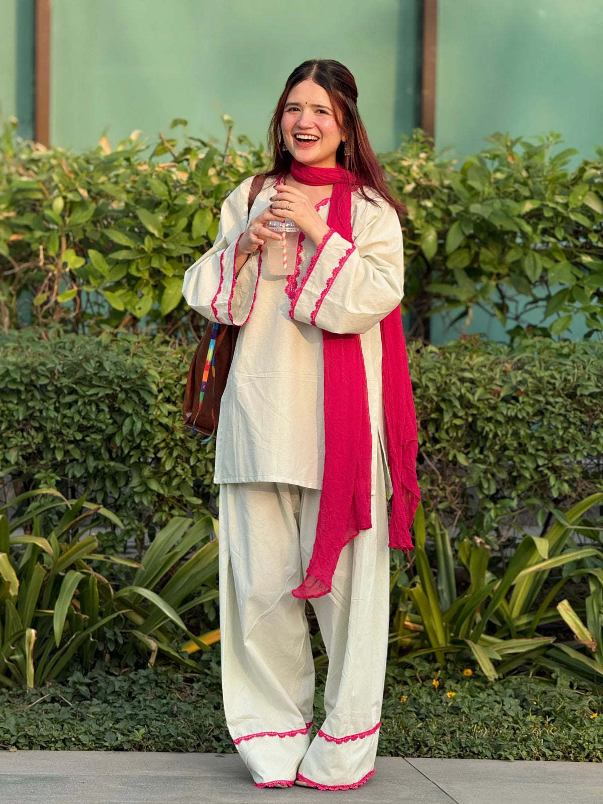 Noor Off White & Magenta Lace-Trimmed Salwar Suit Set