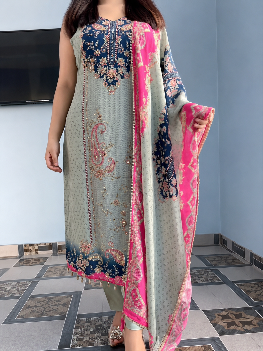 Celestine Bloom Heritage Mirror Work Suit Set