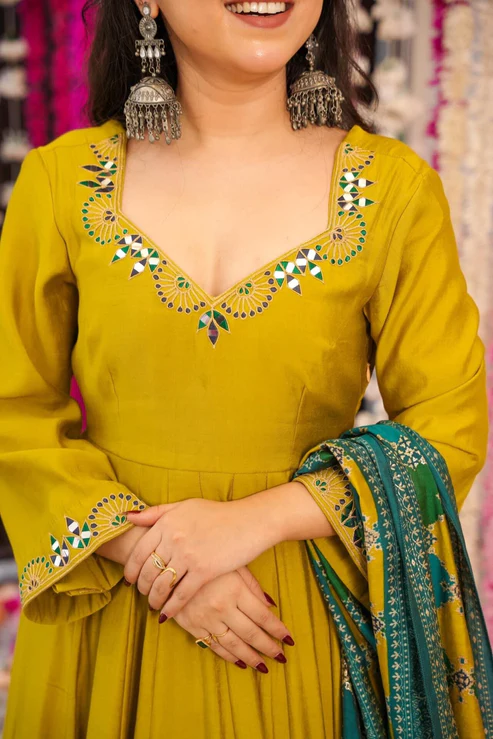 Veda Olive Yellow Embroidered Anarkali Suit Set