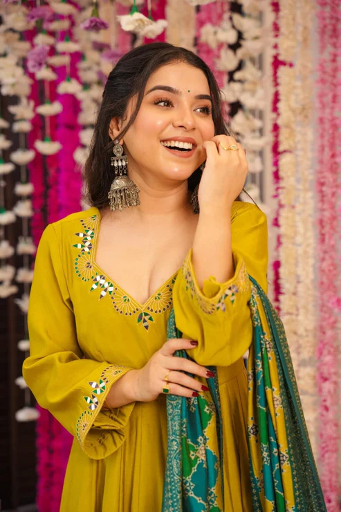 Veda Olive Yellow Embroidered Anarkali Suit Set
