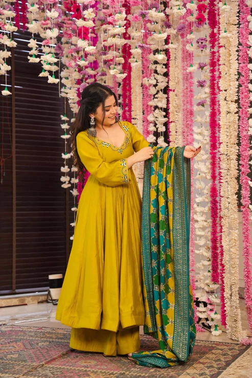 Veda Olive Yellow Embroidered Anarkali Suit Set