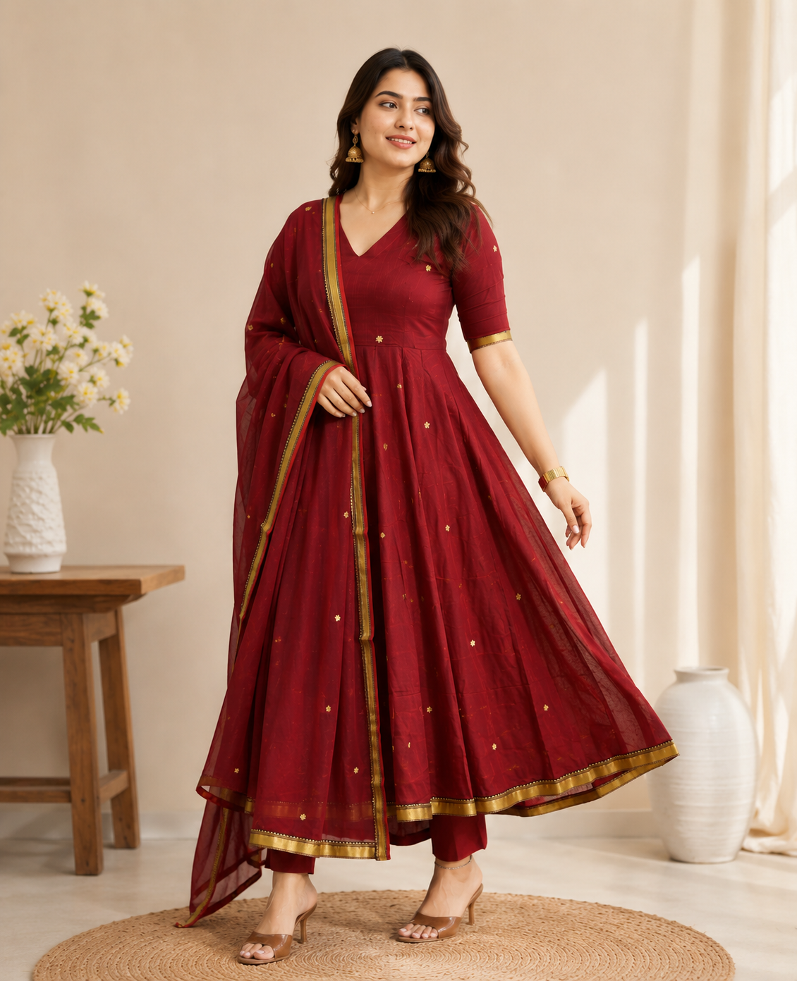 Aaradhya Wine Gold Anarkali Suit Set