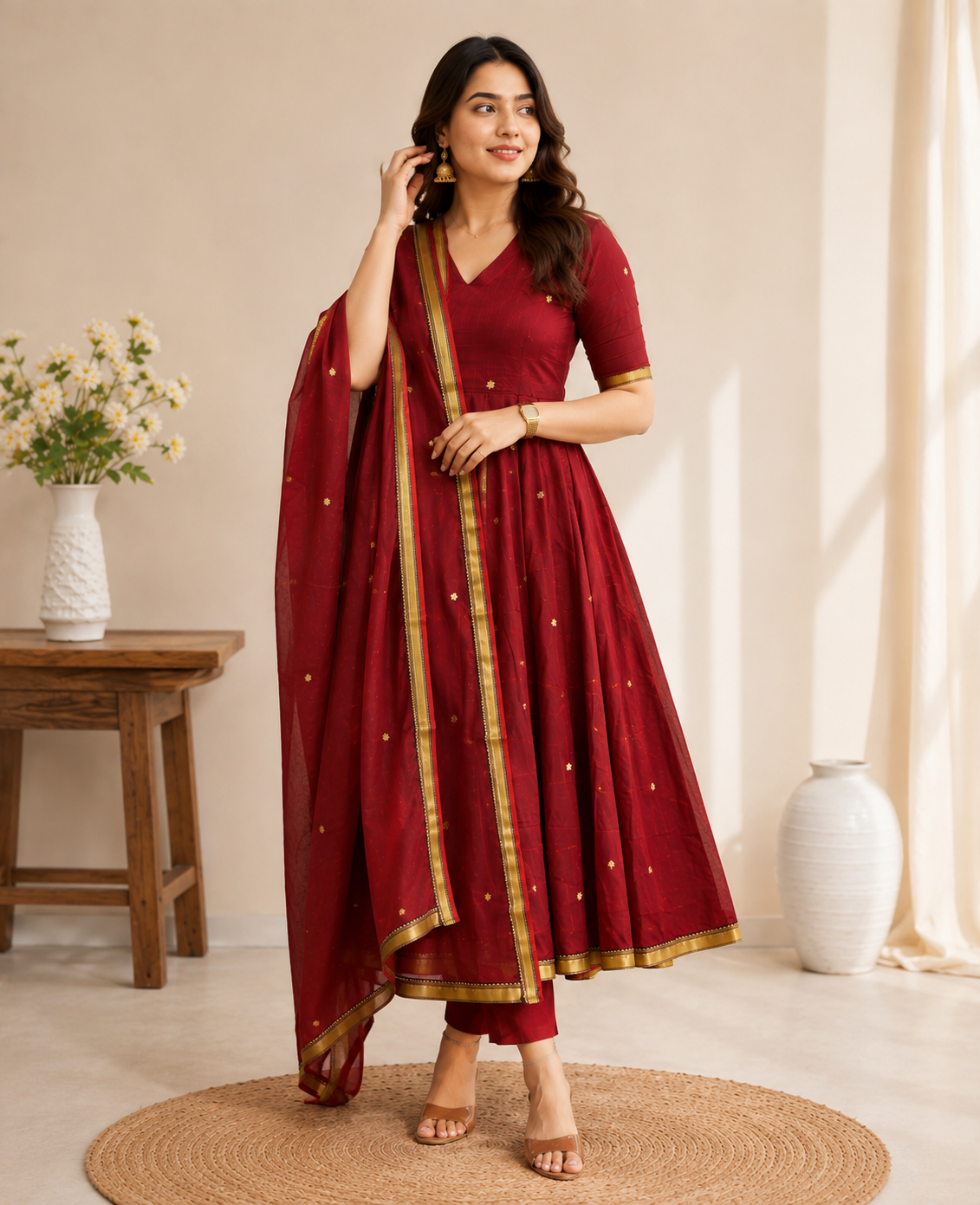 Aaradhya Wine Gold Anarkali Suit Set