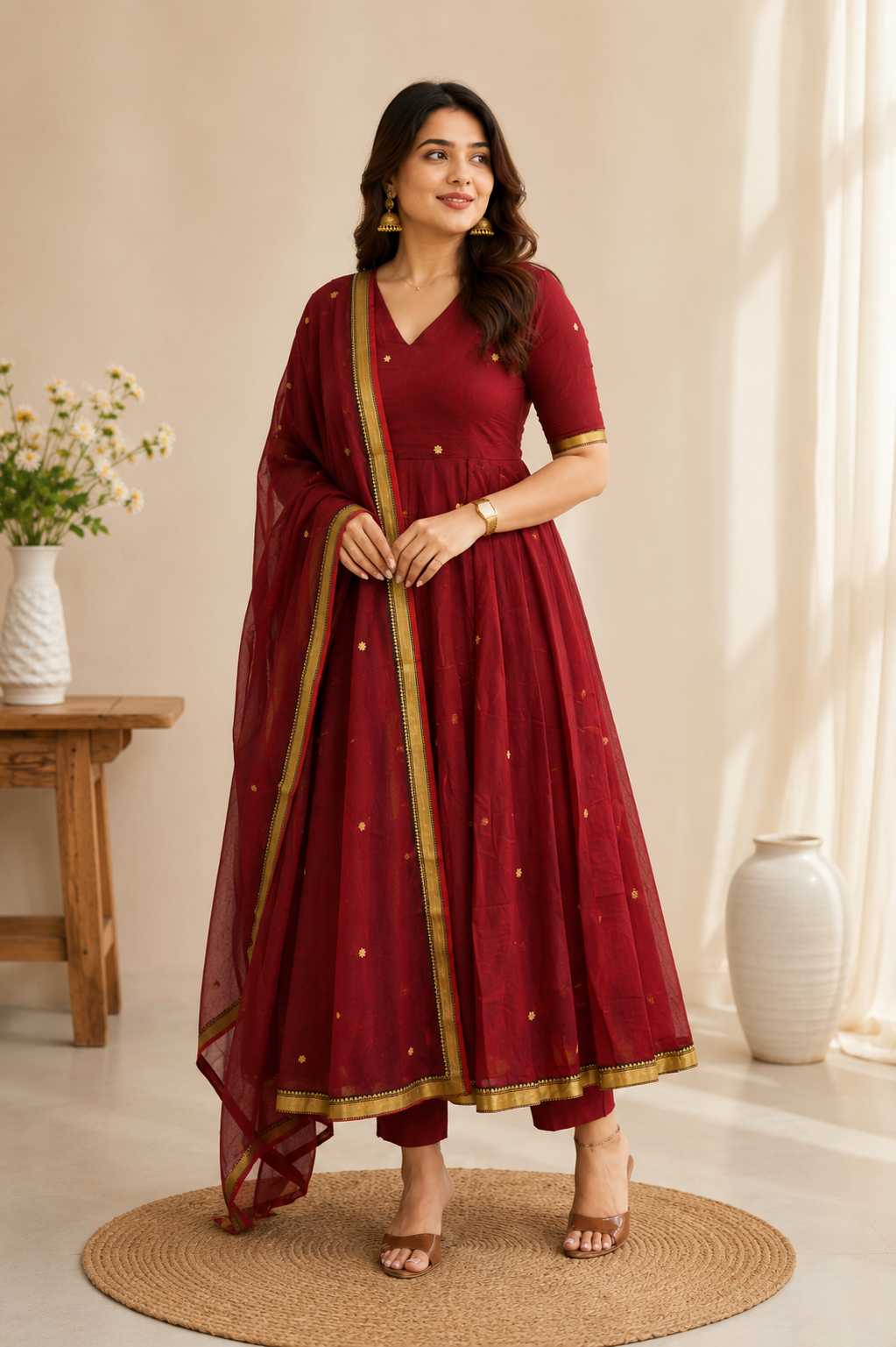 Aaradhya Wine Gold Anarkali Suit Set