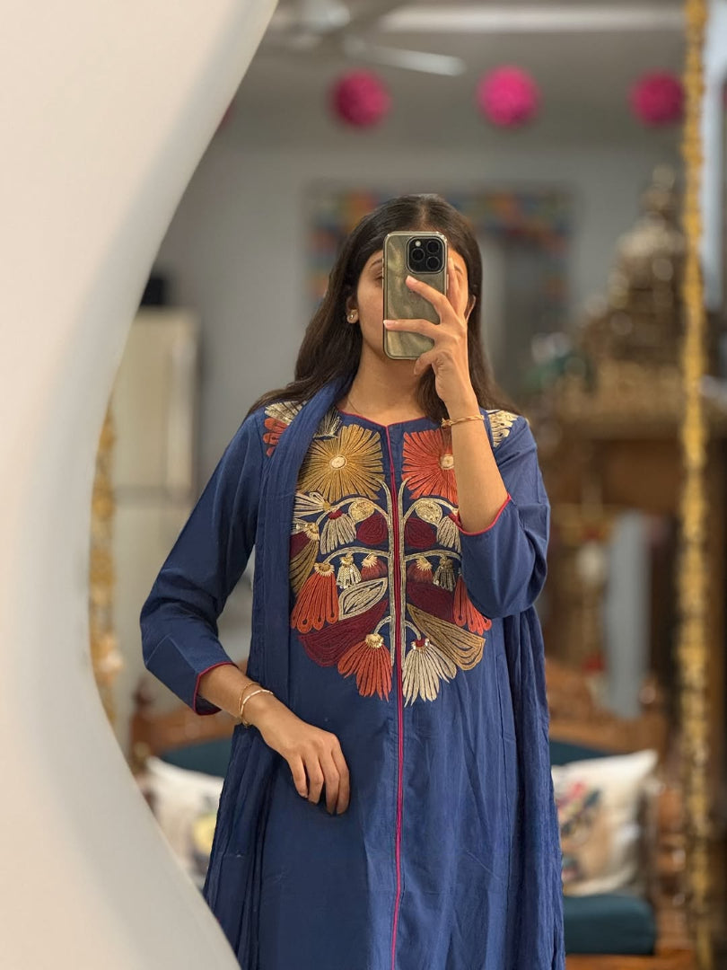 Premium Blue Floral Embroidered Kurta Set with Dupatta