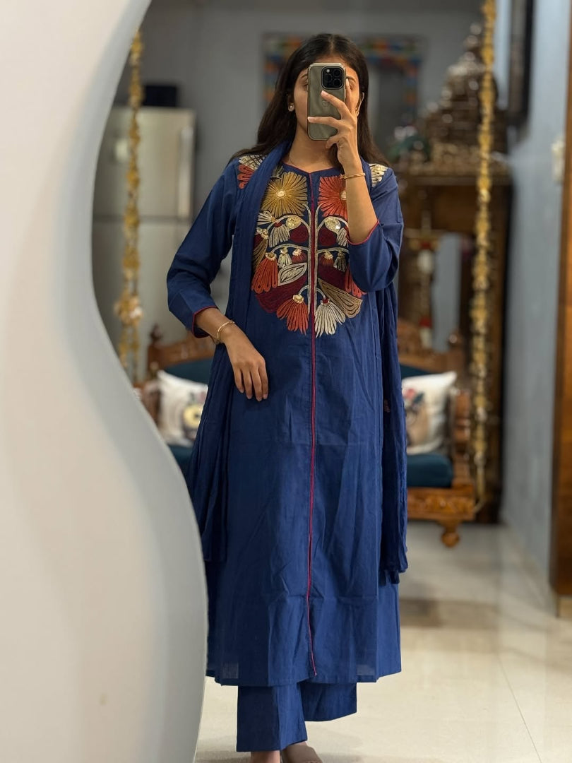Premium Blue Floral Embroidered Kurta Set with Dupatta
