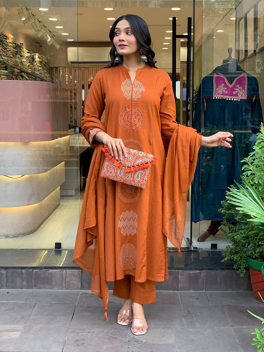 Rust Orange Premium Mul Cotton Embroidered Kurta Set with Dupatta
