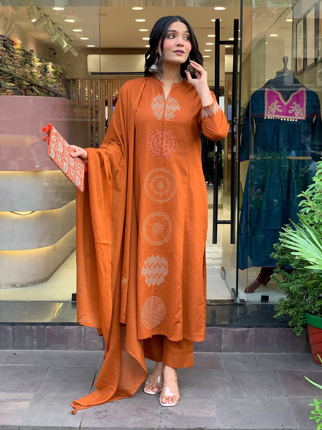 Rust Orange Premium Mul Cotton Embroidered Kurta Set with Dupatta