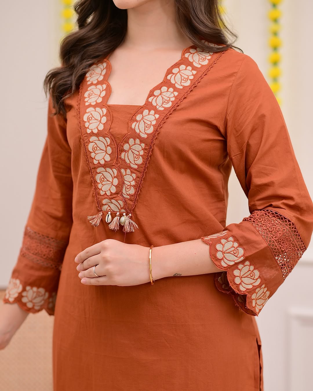 Delightful Rust Orange Mul Cotton Embroidery Suit Set