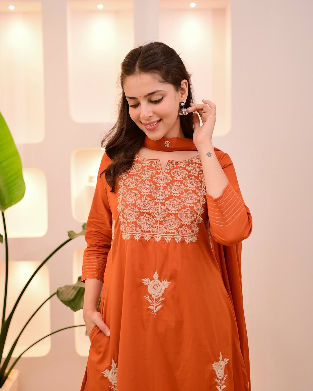 Elegant Rust Orange Mul Cotton Embroidery Suit Set