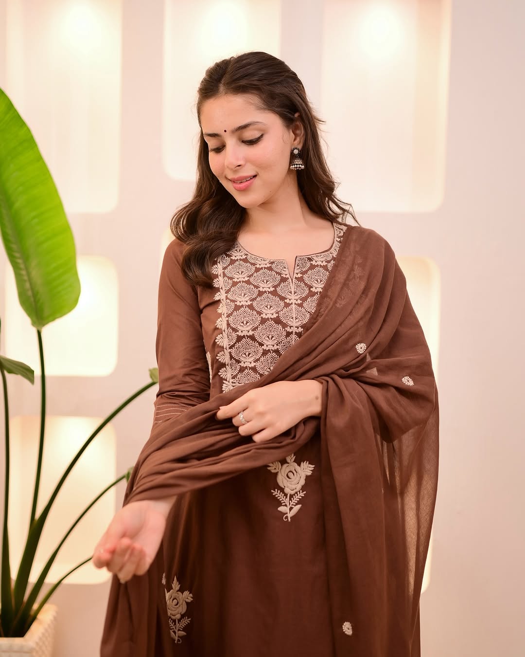 Elegant Rust Orange Mul Cotton Embroidery Suit Set
