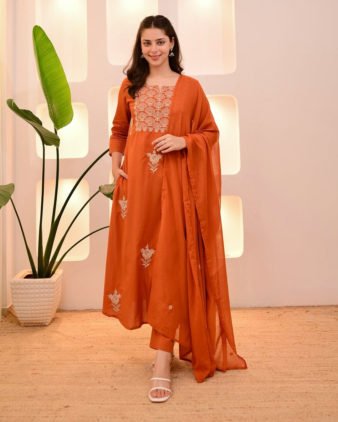 Elegant Rust Orange Mul Cotton Embroidery Suit Set